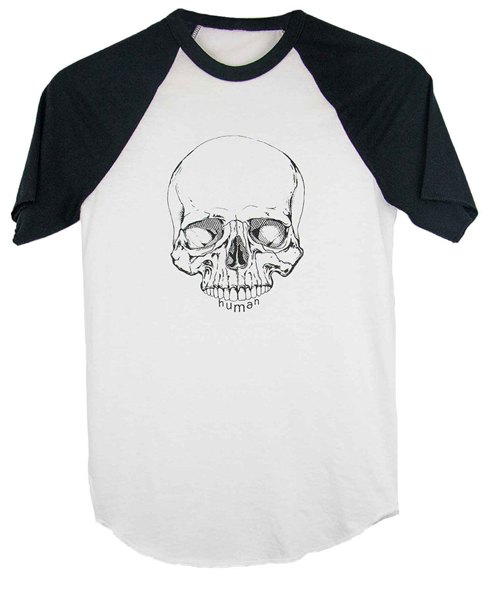 Human Like You fig. 3 baseball tee in White/Black with skull graphic — gender neutral queer graphic tee