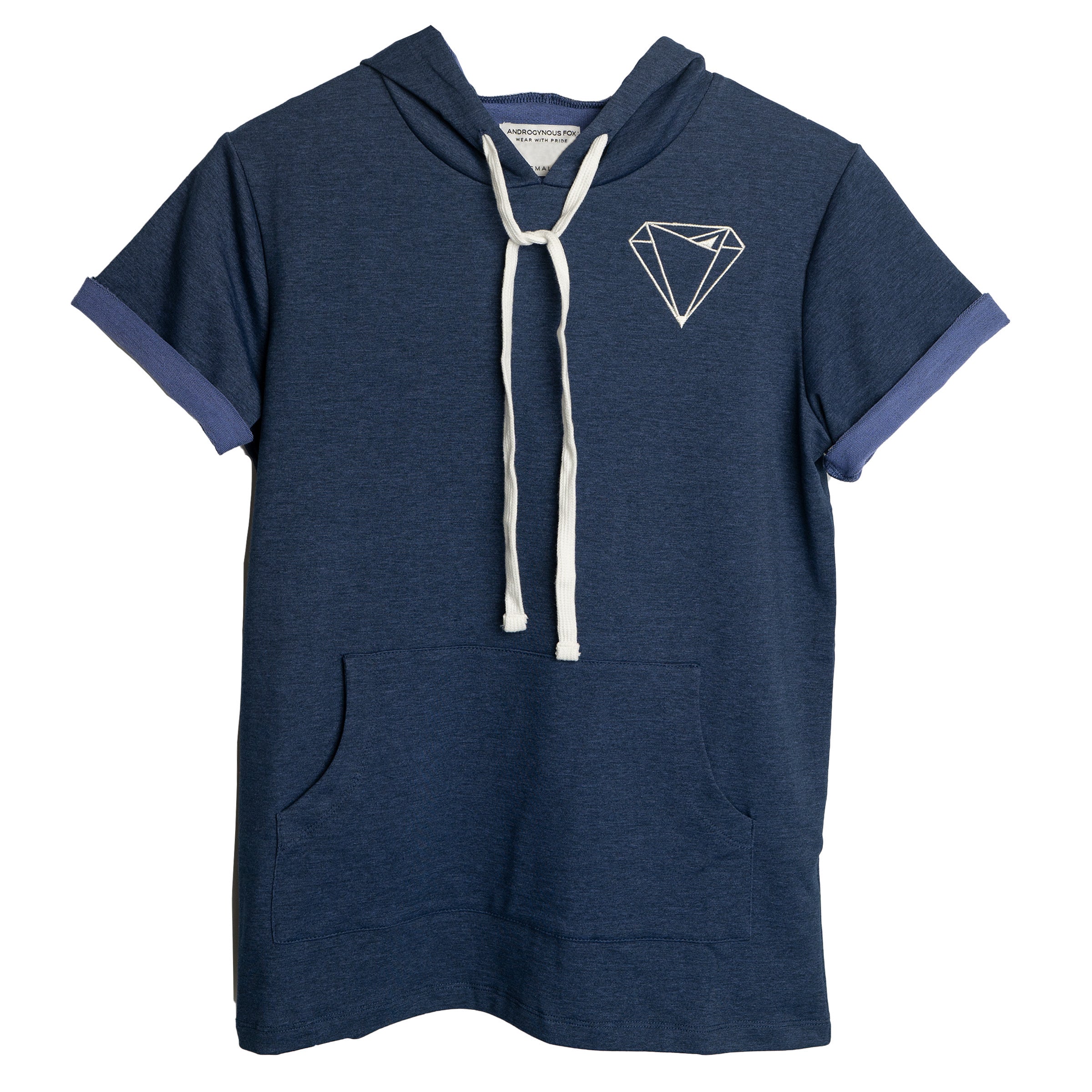 DITR French Terry Short Sleeve Hoodie in Navy Heather — Androgynous Fox gender neutral hoodie for queer style