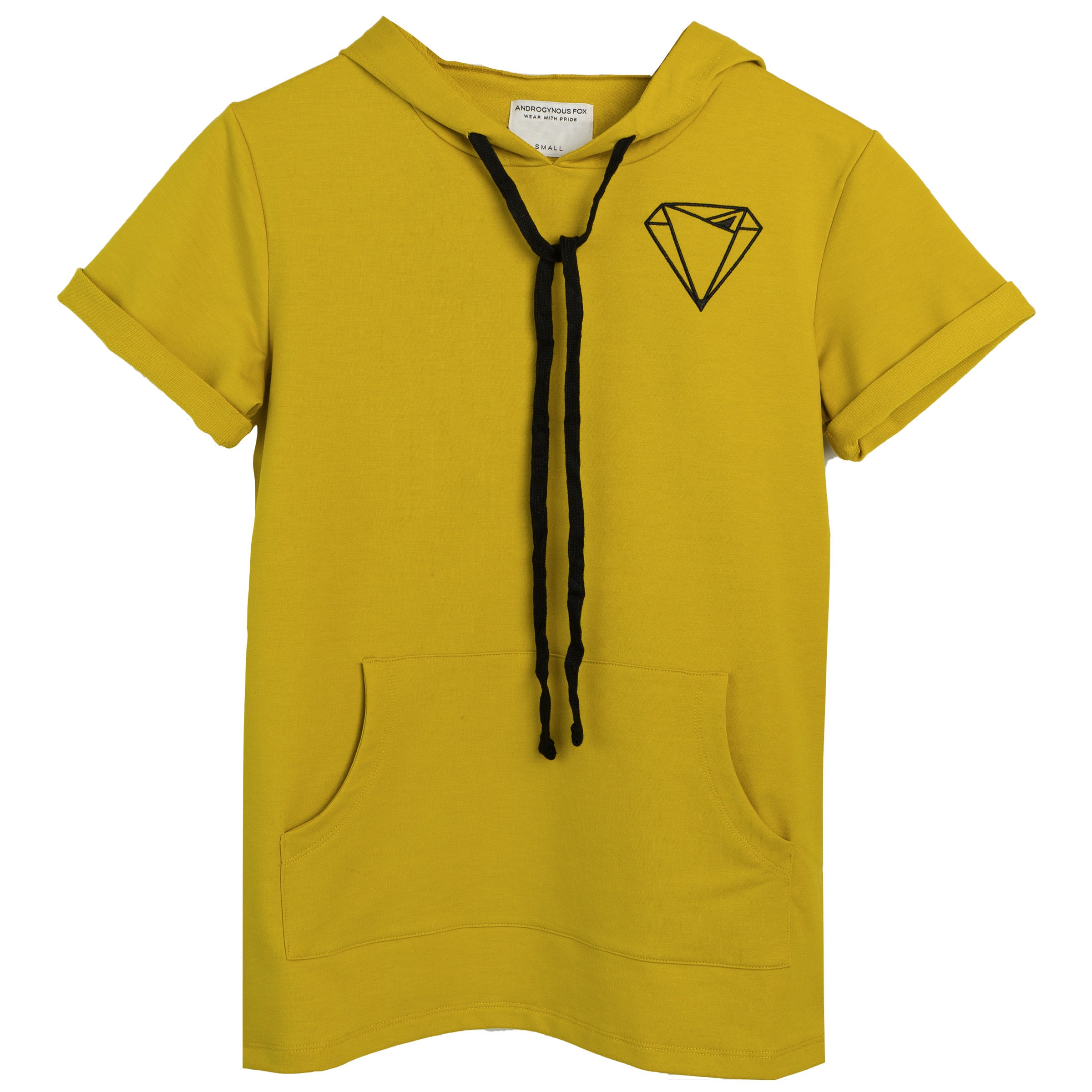 DITR French Terry Short Sleeve Hoodie in Yellow Mustard — Androgynous Fox gender neutral hoodie for queer style