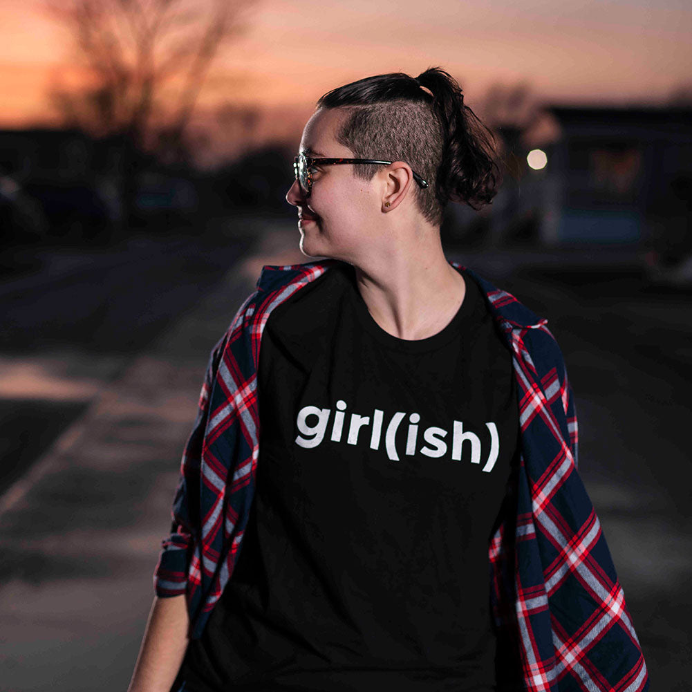 Girl(ish) crew neck tee styled — gender neutral queer clothing for non-binary style