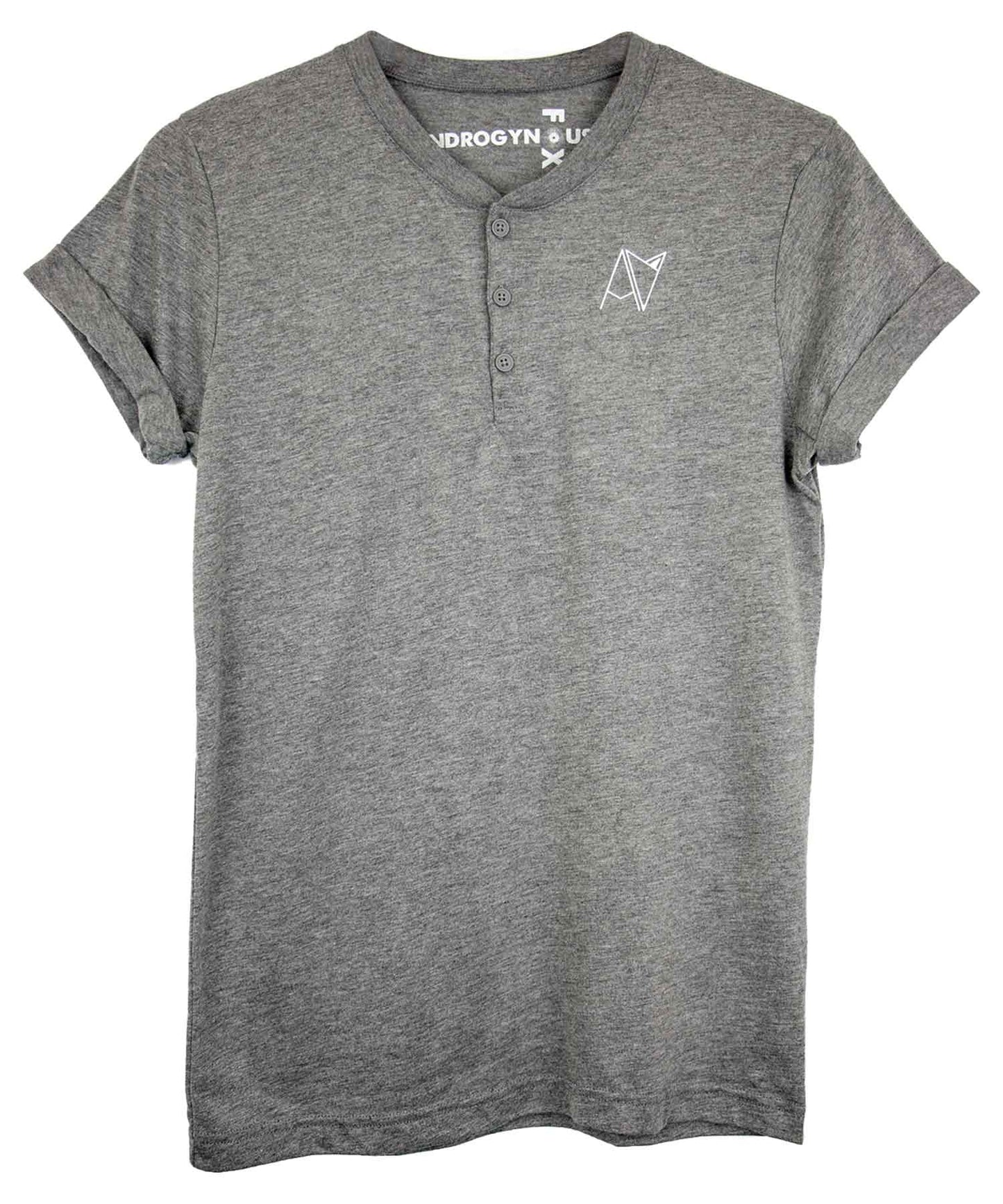 Grey triblend henley with cuffed sleeves and Androgynous Fox logo at chest