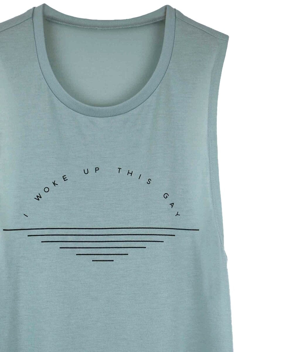 I woke up this gay dusty blue flowy muscle tank