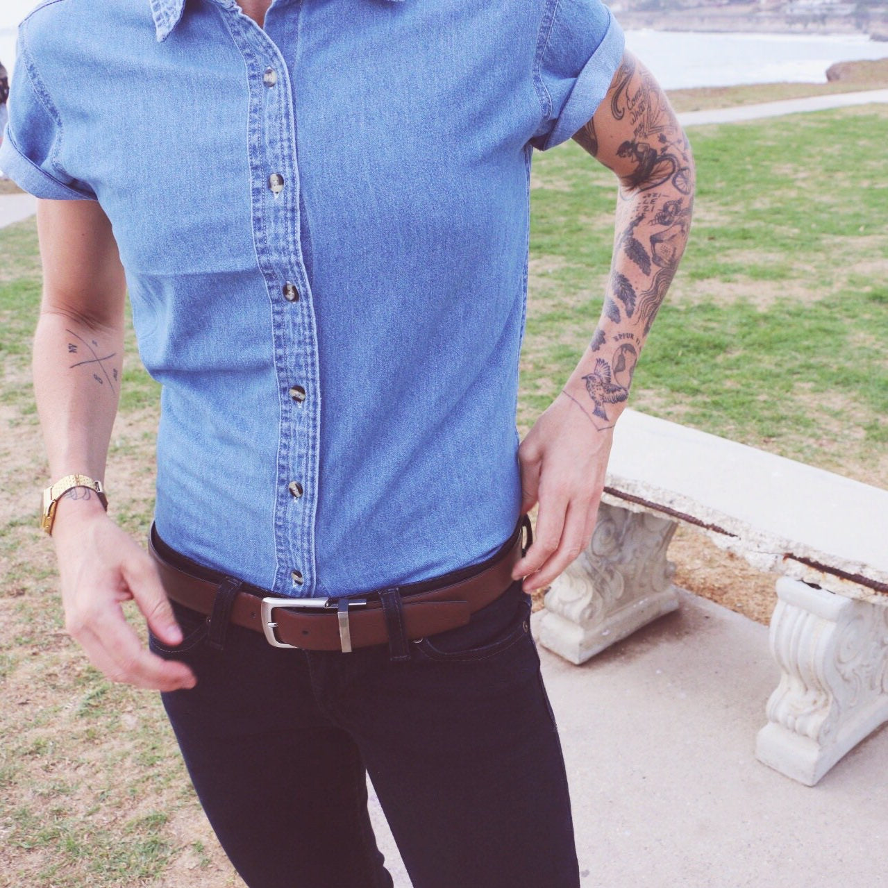 Denim Fox button-up lifestyle shot — gender neutral denim shirt for queer and masc style