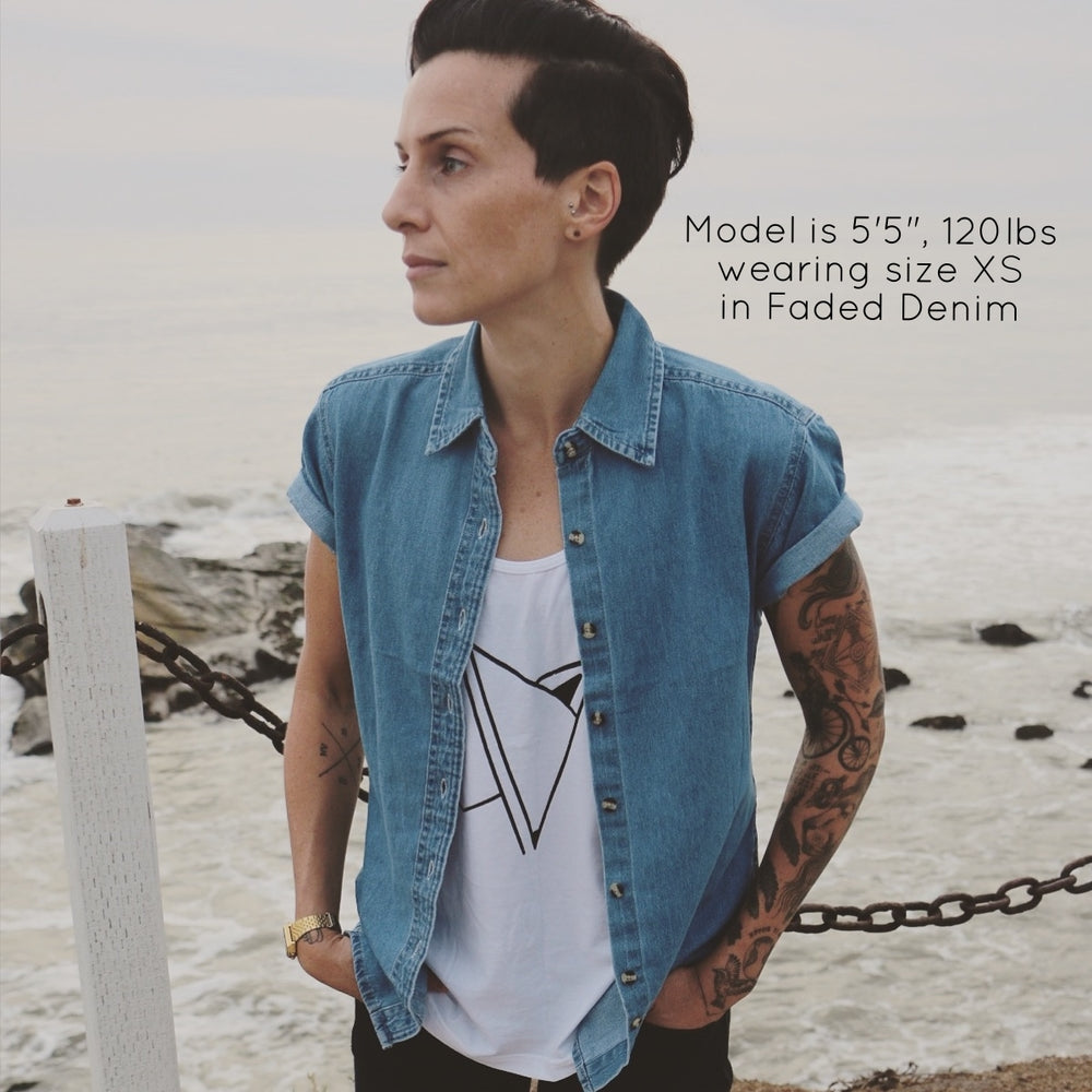Denim Fox button-up detail shot — gender neutral denim shirt for transmasc and queer fashion