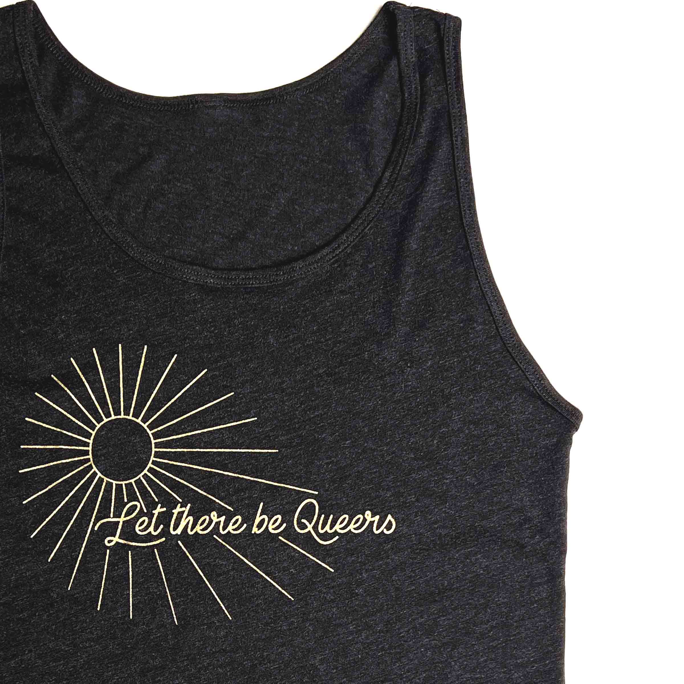 Let There Be Queers tank top in Charcoal Heather — gender neutral queer clothing for non-binary style