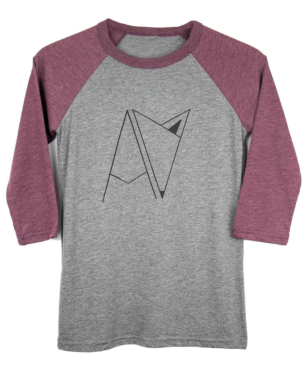 Androgynous Fox logo baseball tee in Grey/Maroon — gender neutral queer clothing