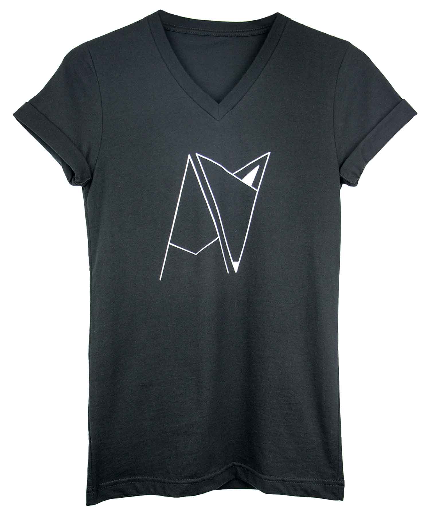 Androgynous Fox logo V-neck in Black with cuffed sleeves — gender neutral queer clothing