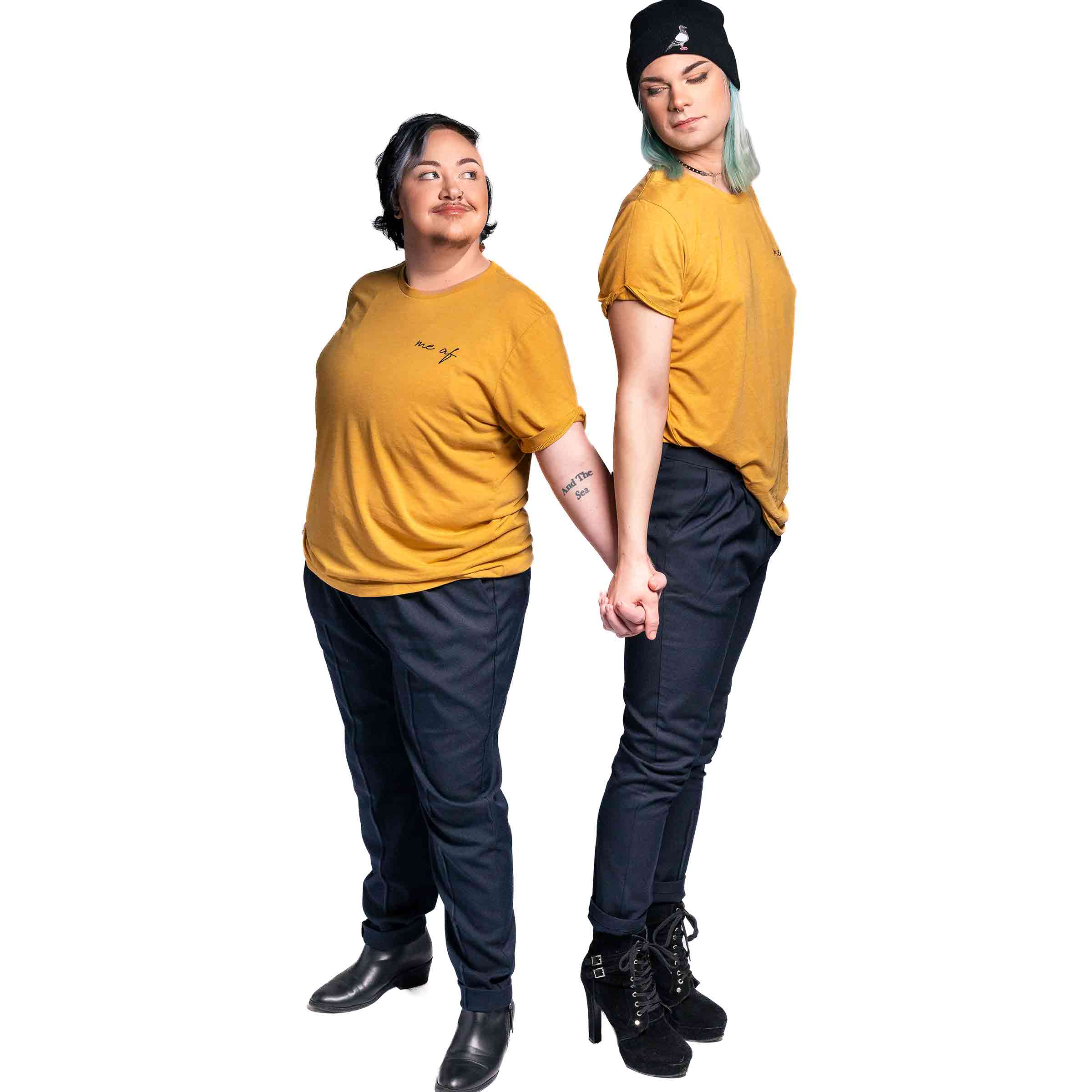 Me af Crew Neck in Mustard styled with pleated pants — Androgynous Fox gender neutral clothing