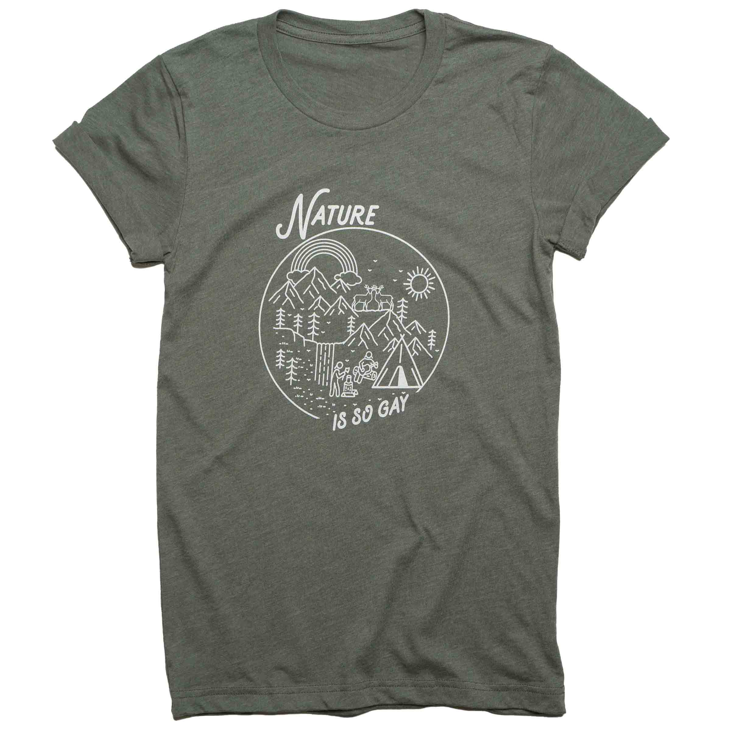 Nature Is So Gay crew neck tee in Heather Olive — androgynous LGBTQ+ queer graphic tee