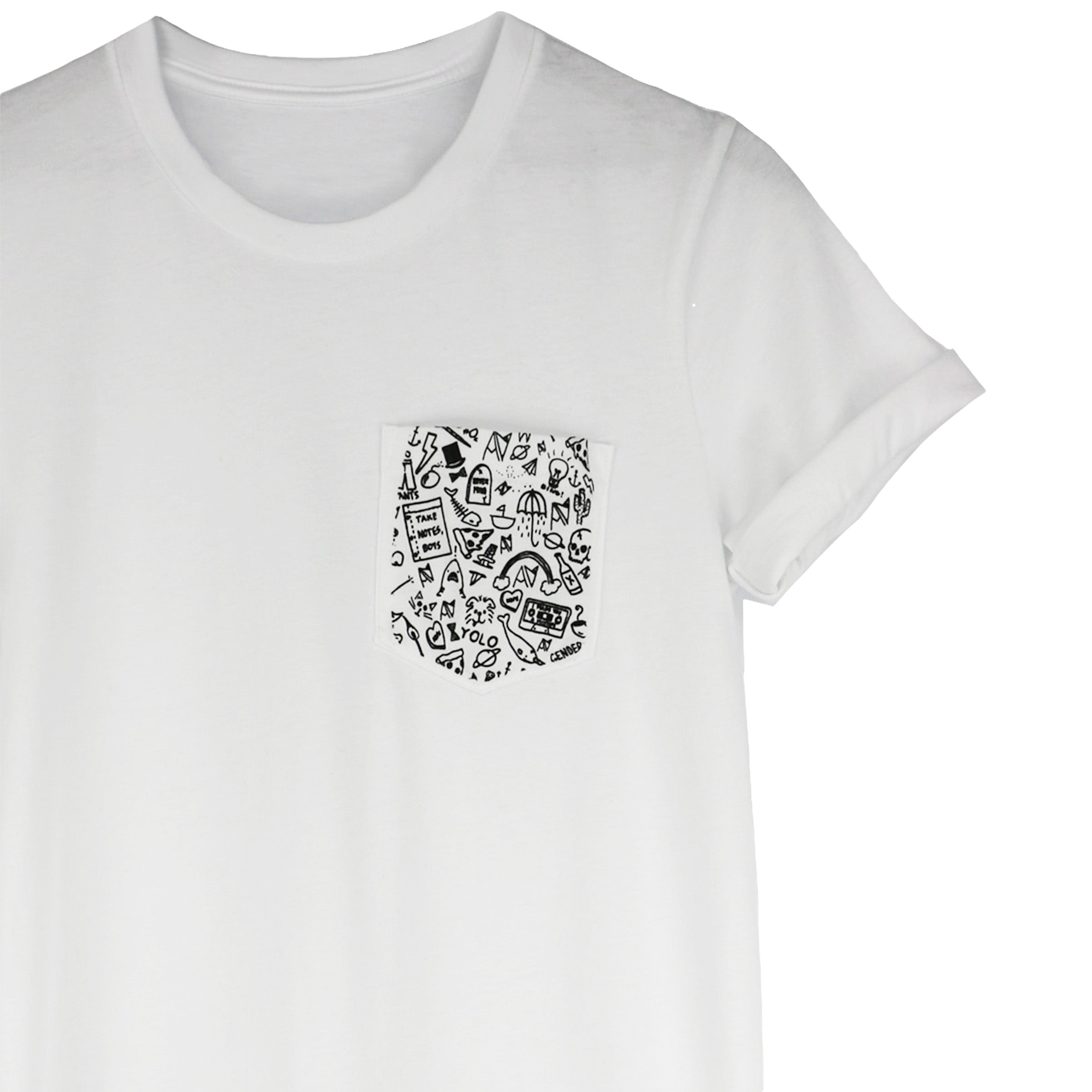 Stick N' Poke pocket tee in White — androgynous queer graphic tee for non-binary style