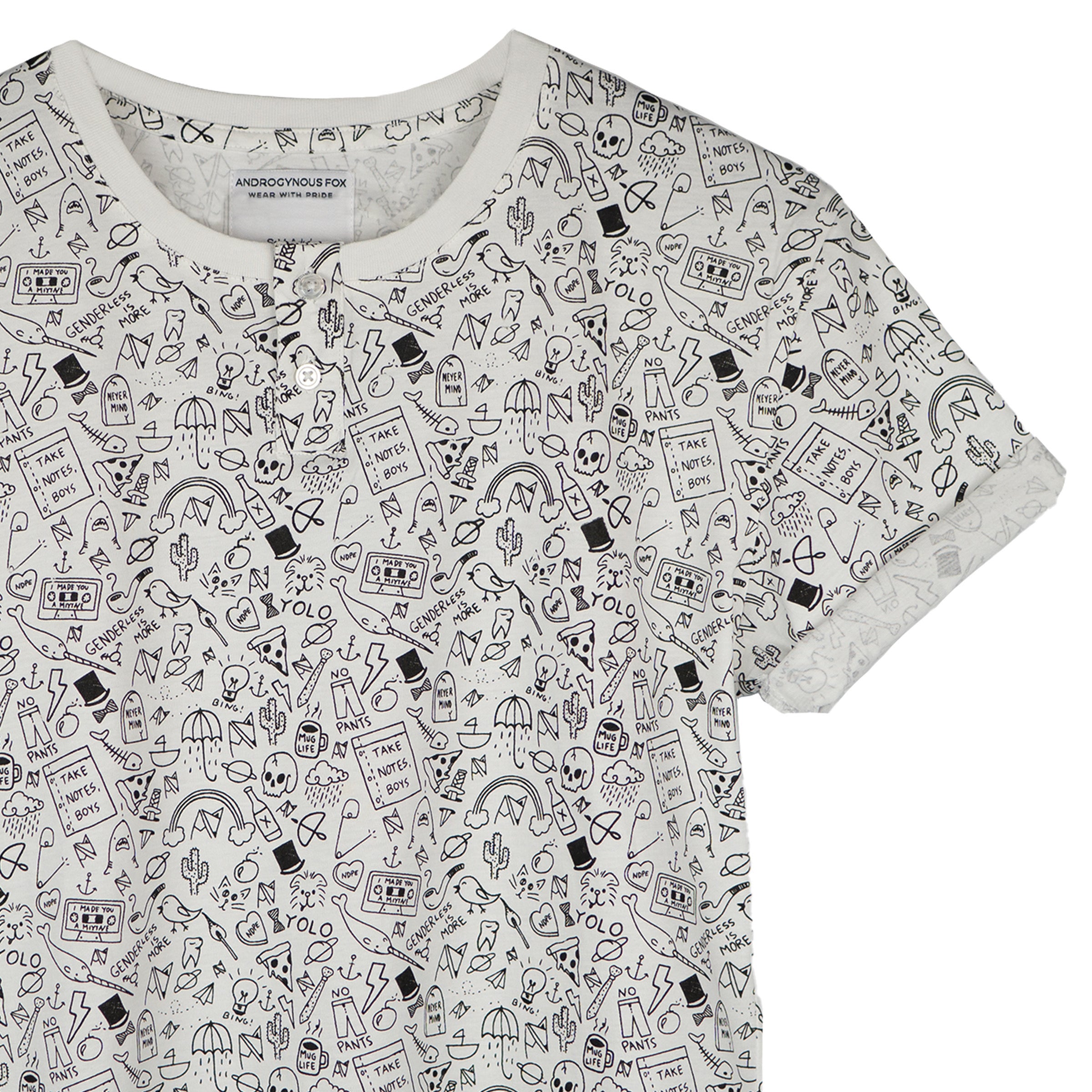 AF Mid-Length Henley in Stick N Poke graphic — gender neutral queer androgynous clothing