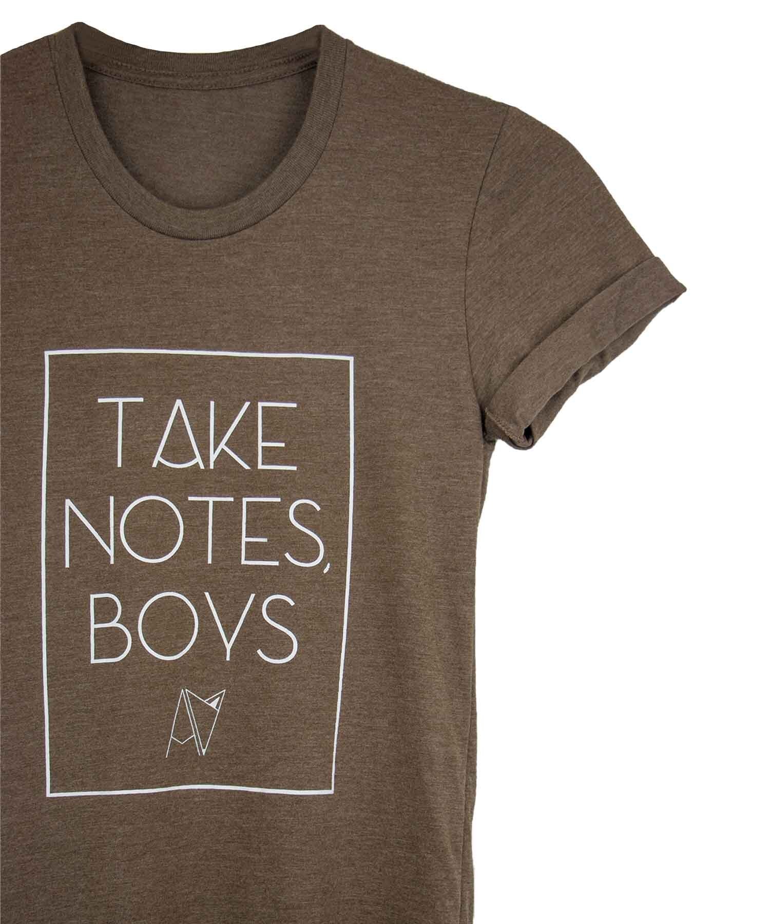 Brown crew neck "take notes boys" t-shirt by Androgynous Fox.