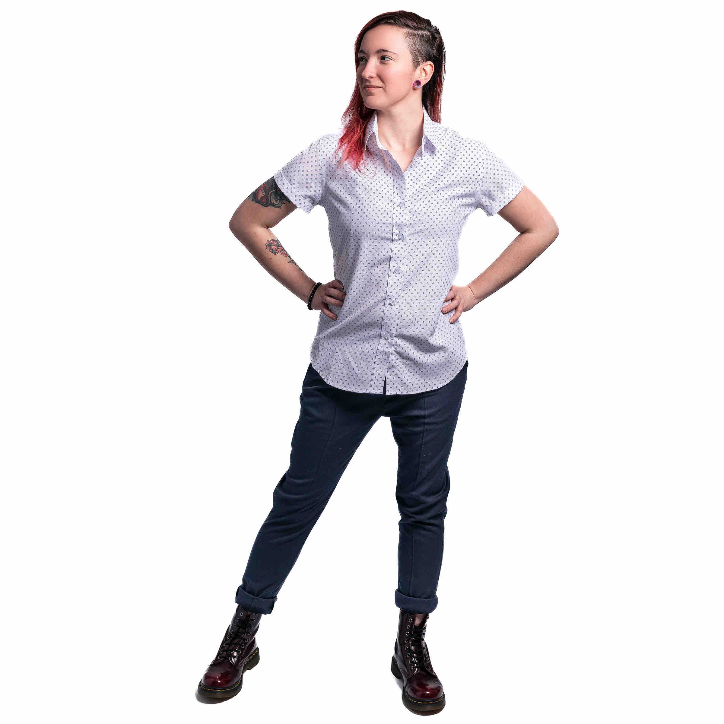 The Mickey Short Sleeve Button Up full outfit with pleated pants — Androgynous Fox androgynous button up shirt