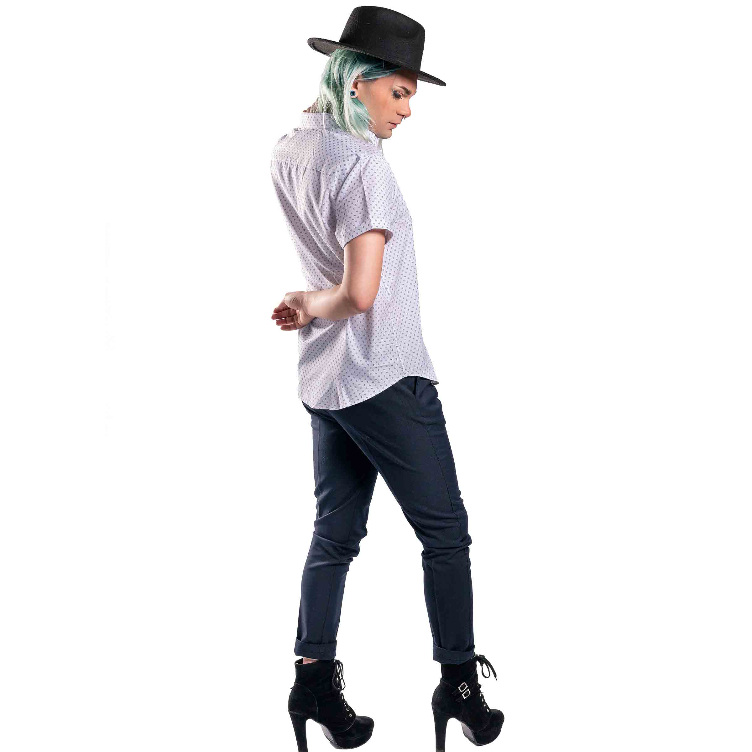 The Mickey Short Sleeve Button Up on model — Androgynous Fox androgynous button up shirt