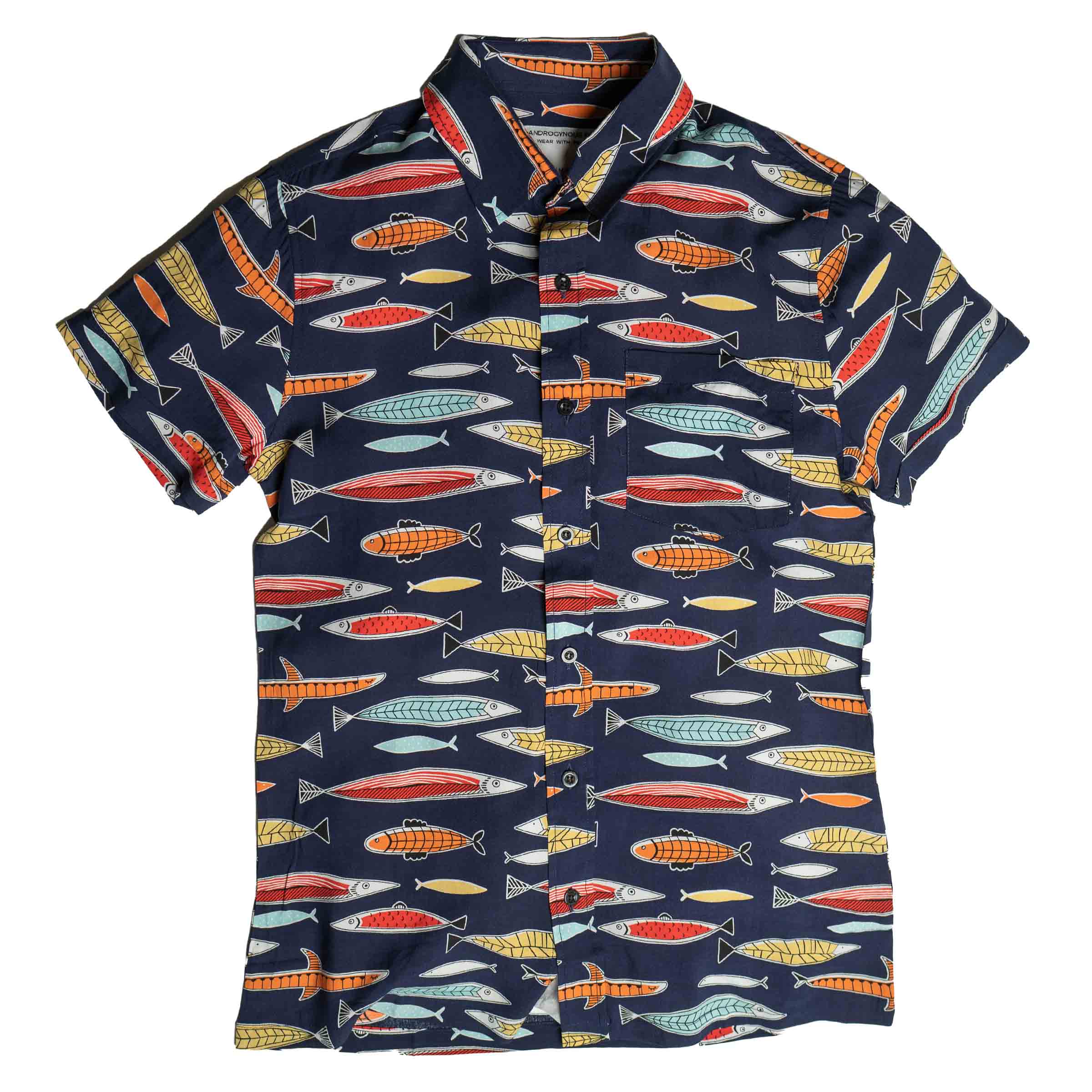 The Upstreamer fish print button-up full view — androgynous gender neutral queer dress shirt