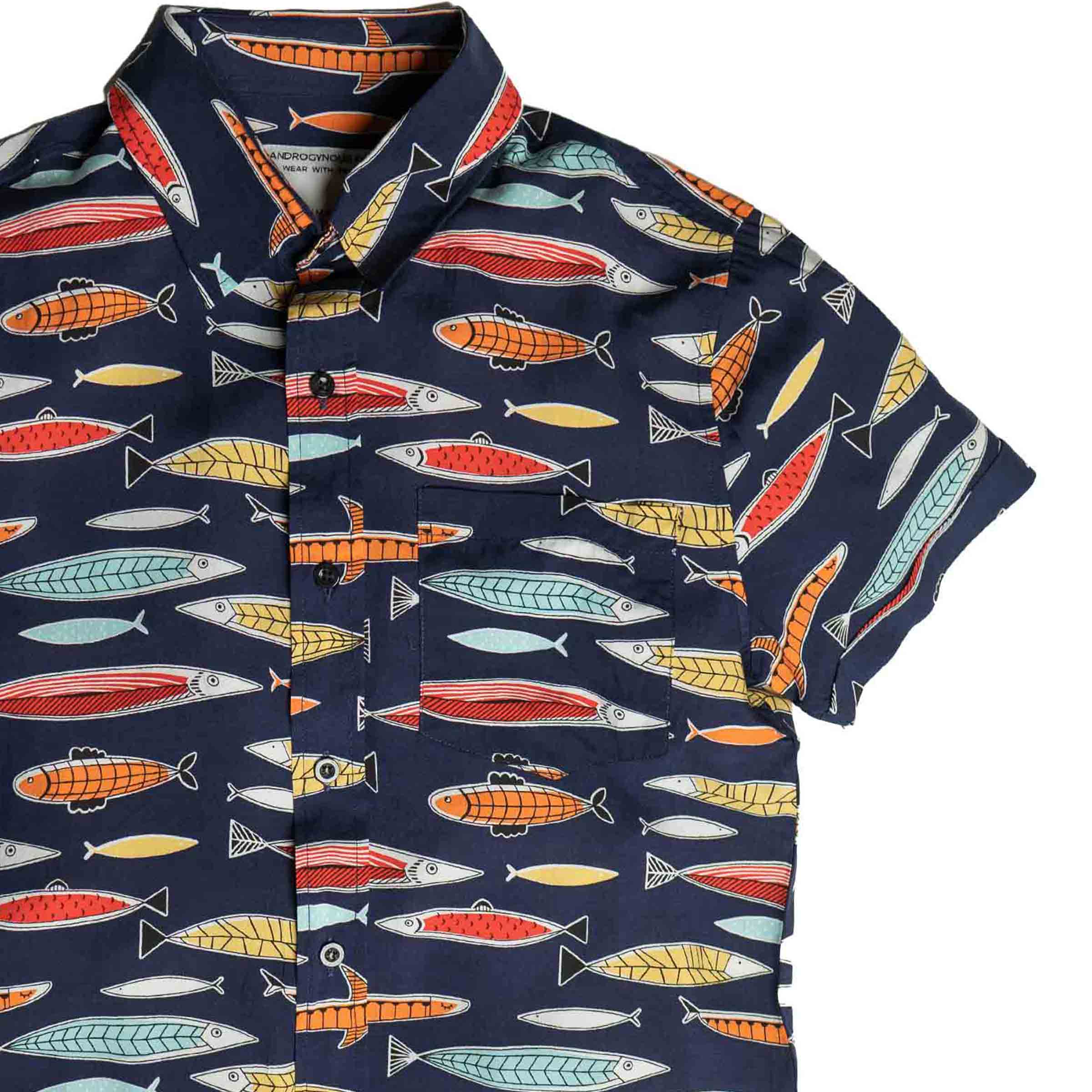 The Upstreamer fish print button-up — gender neutral androgynous clothing for queer style