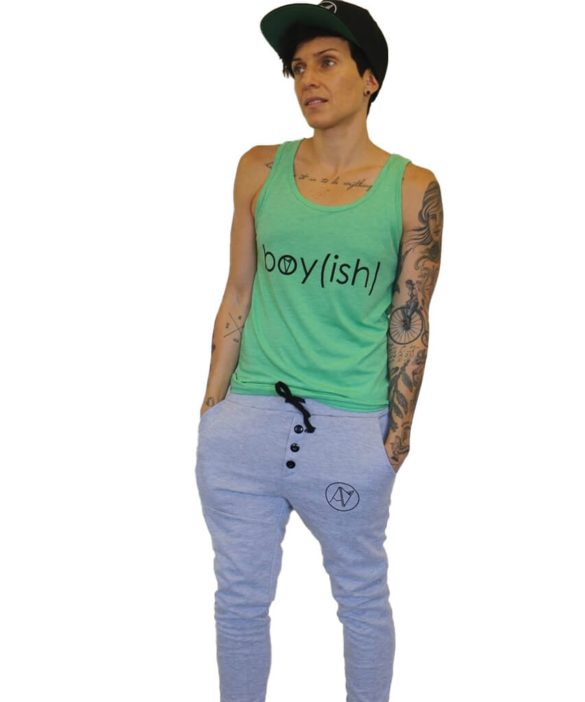 Model wearing Androgynous Fox boyish tank top in green.