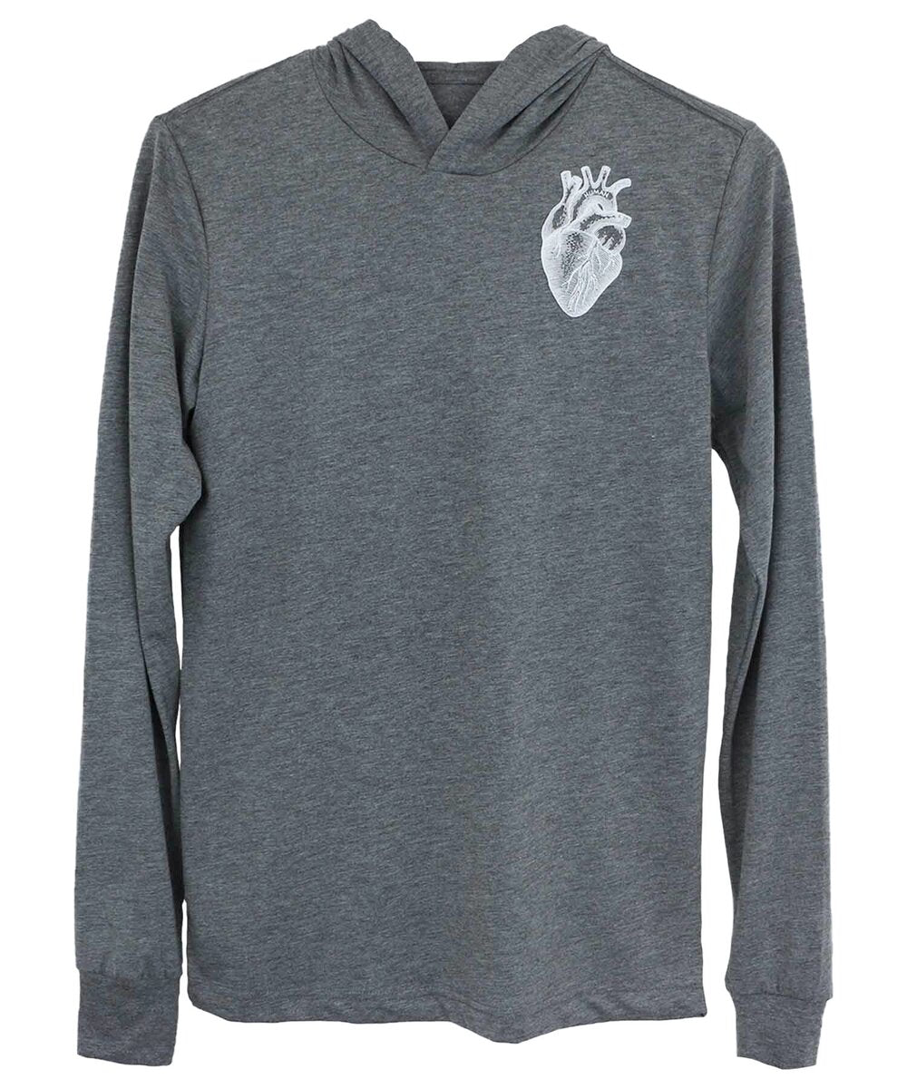 Lightweight pullover long sleeve tee shirt with hood and anatomical heart print.