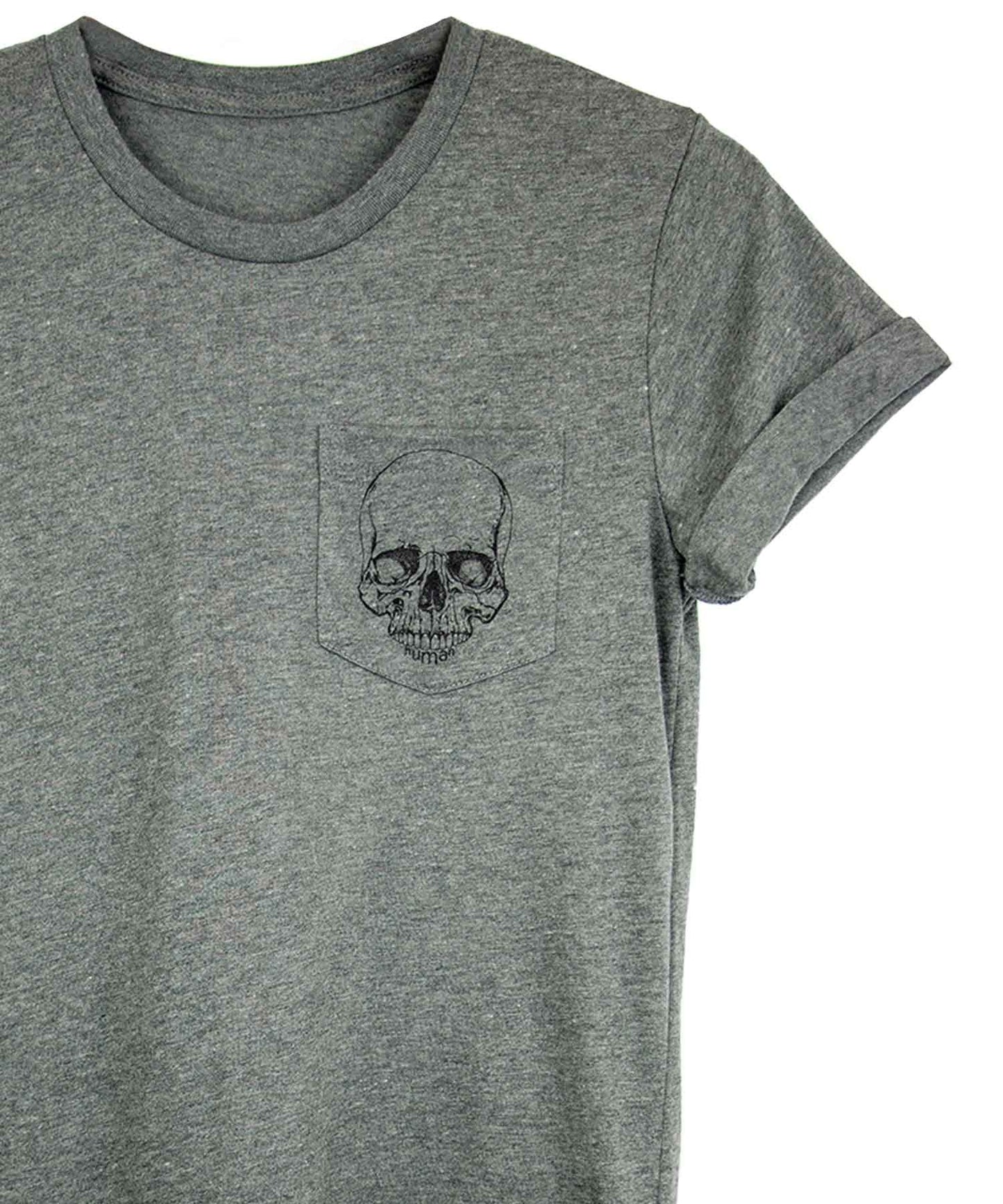 Androgynous Fox grey crew neck pocket tee with skull printed in black ink on the pocket.