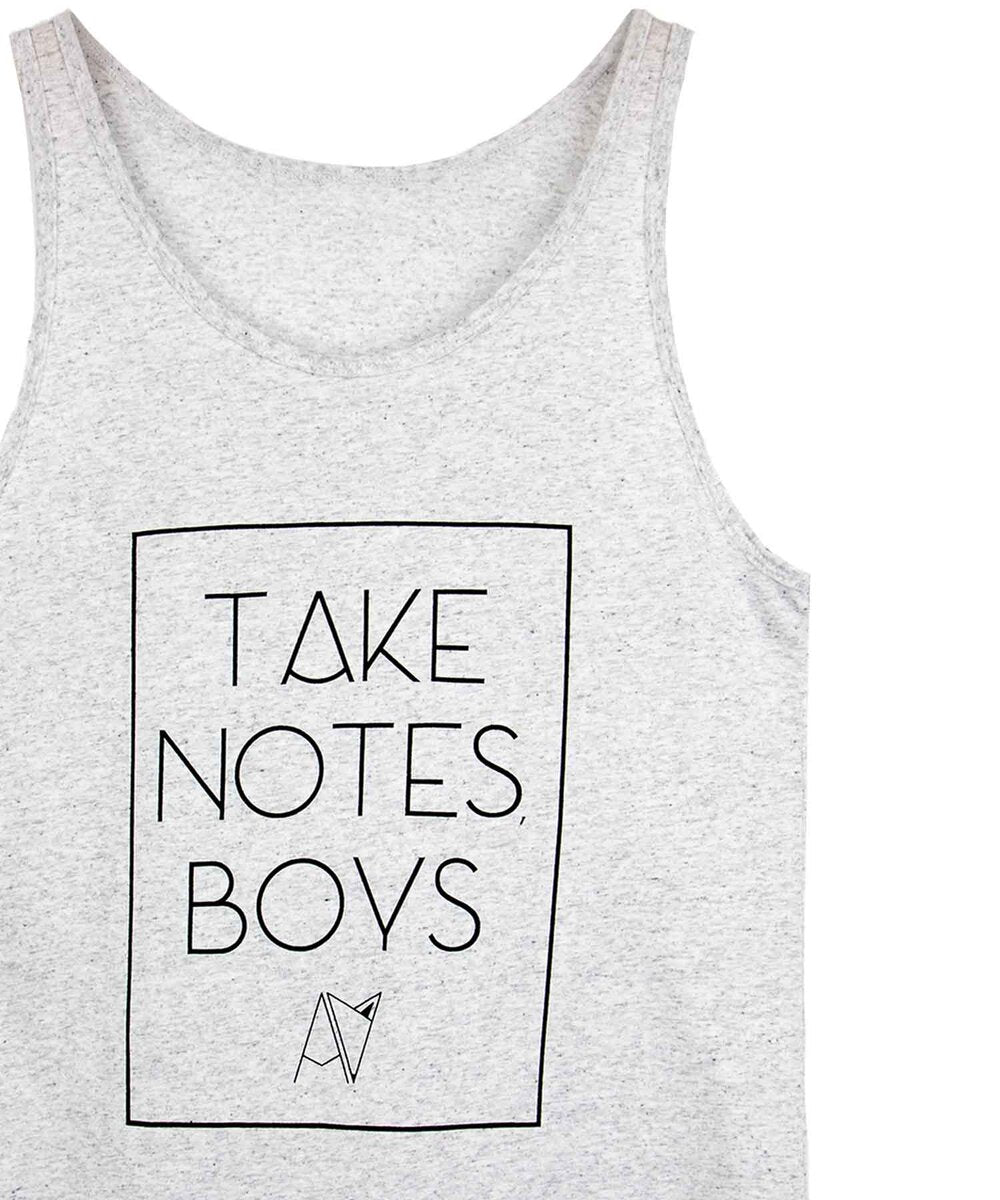 Take Notes Boys tank top in White Speckle — queer gender neutral graphic tank