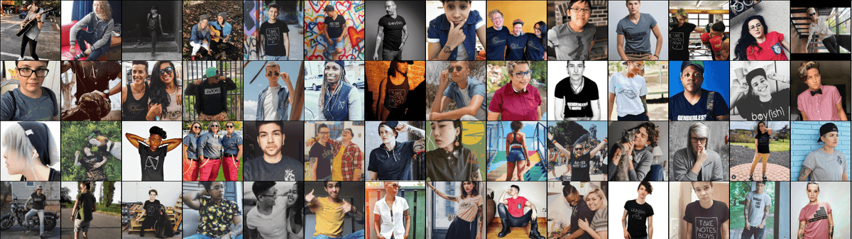 Androgynous Fox community collage: queer humans wearing gender neutral and androgynous clothing from the 2021 annual sale
