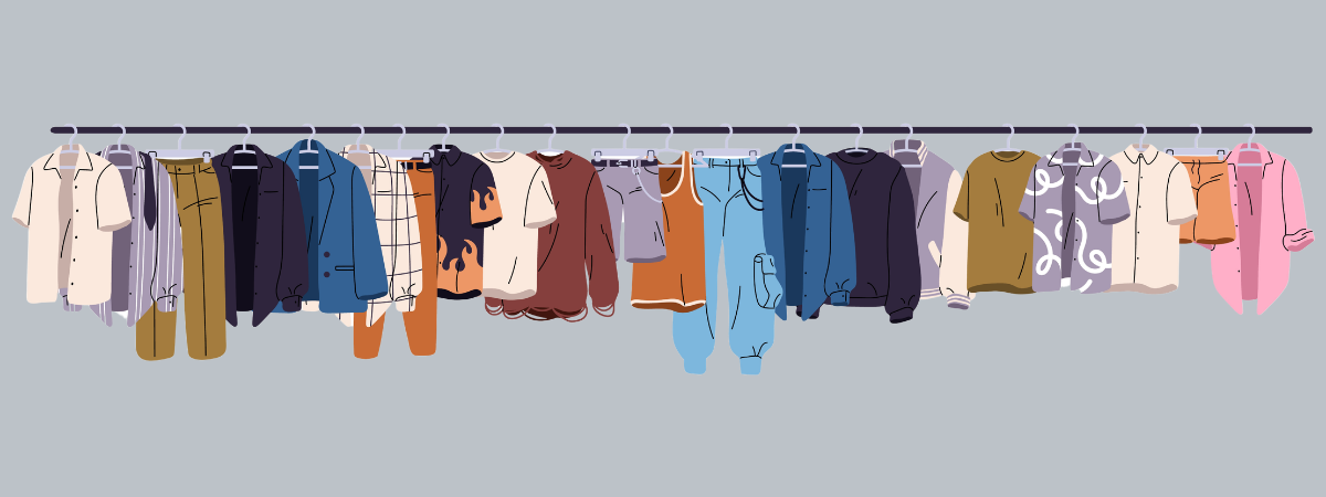 Illustrated clothing rack with gender neutral androgynous clothing including button ups, trousers, t-shirts and camp shirts in a range of colors