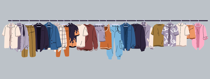 Illustrated clothing rack with gender neutral androgynous clothing including button ups, trousers, t-shirts and camp shirts in a range of colors