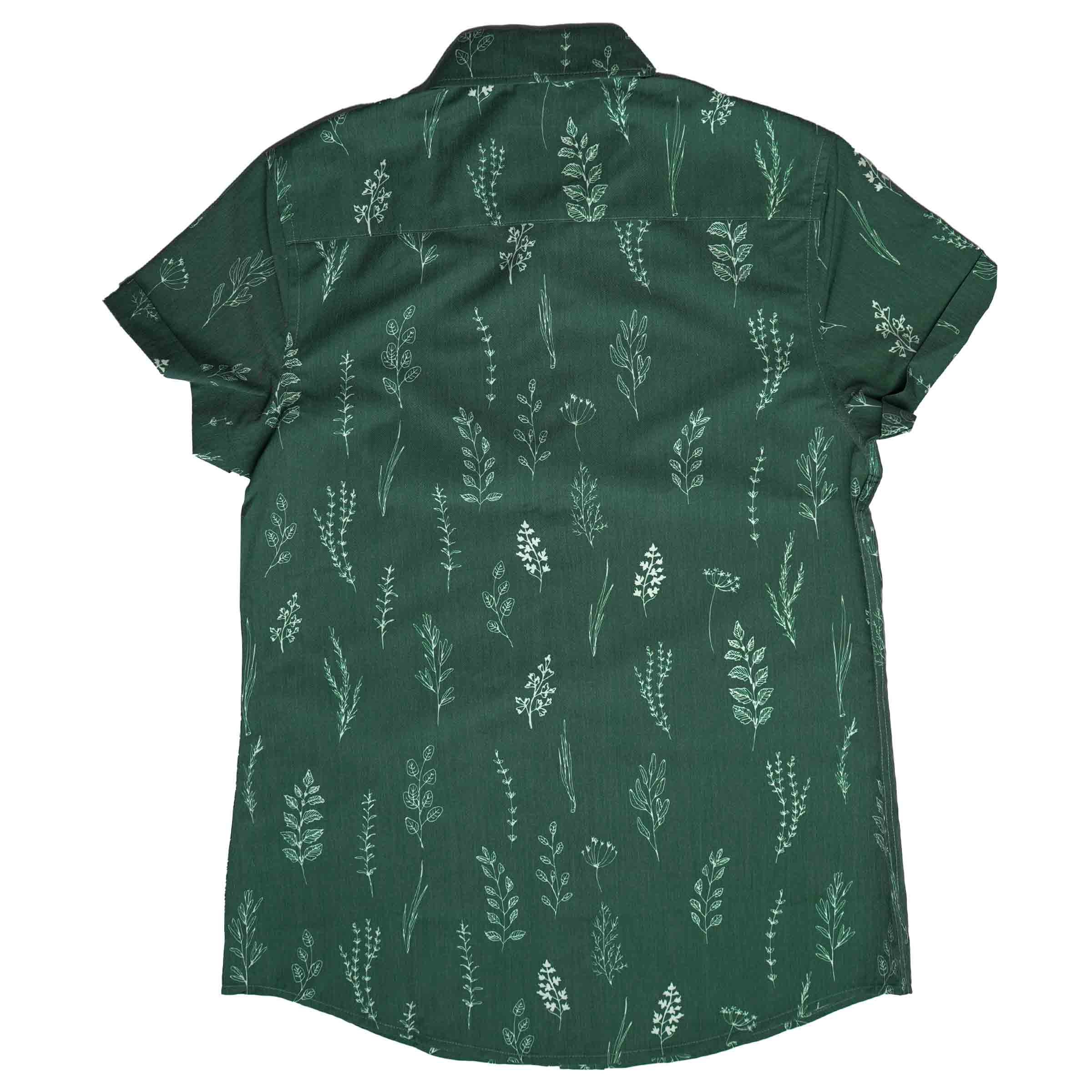The Kam Short Sleeve Button Up in Green, back view — Androgynous Fox androgynous button up shirt