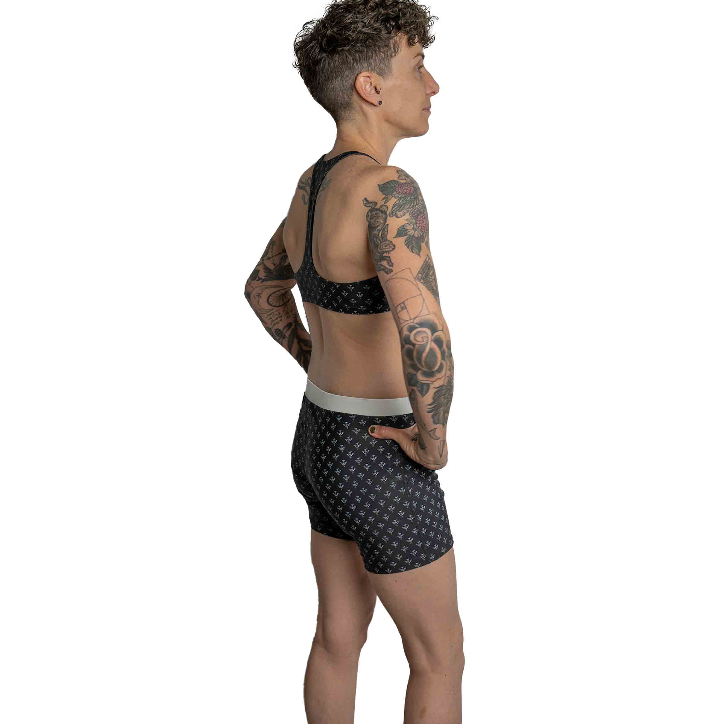 Earhart Swim Trunks and Topper back view — gender neutral queer swimwear mix and match