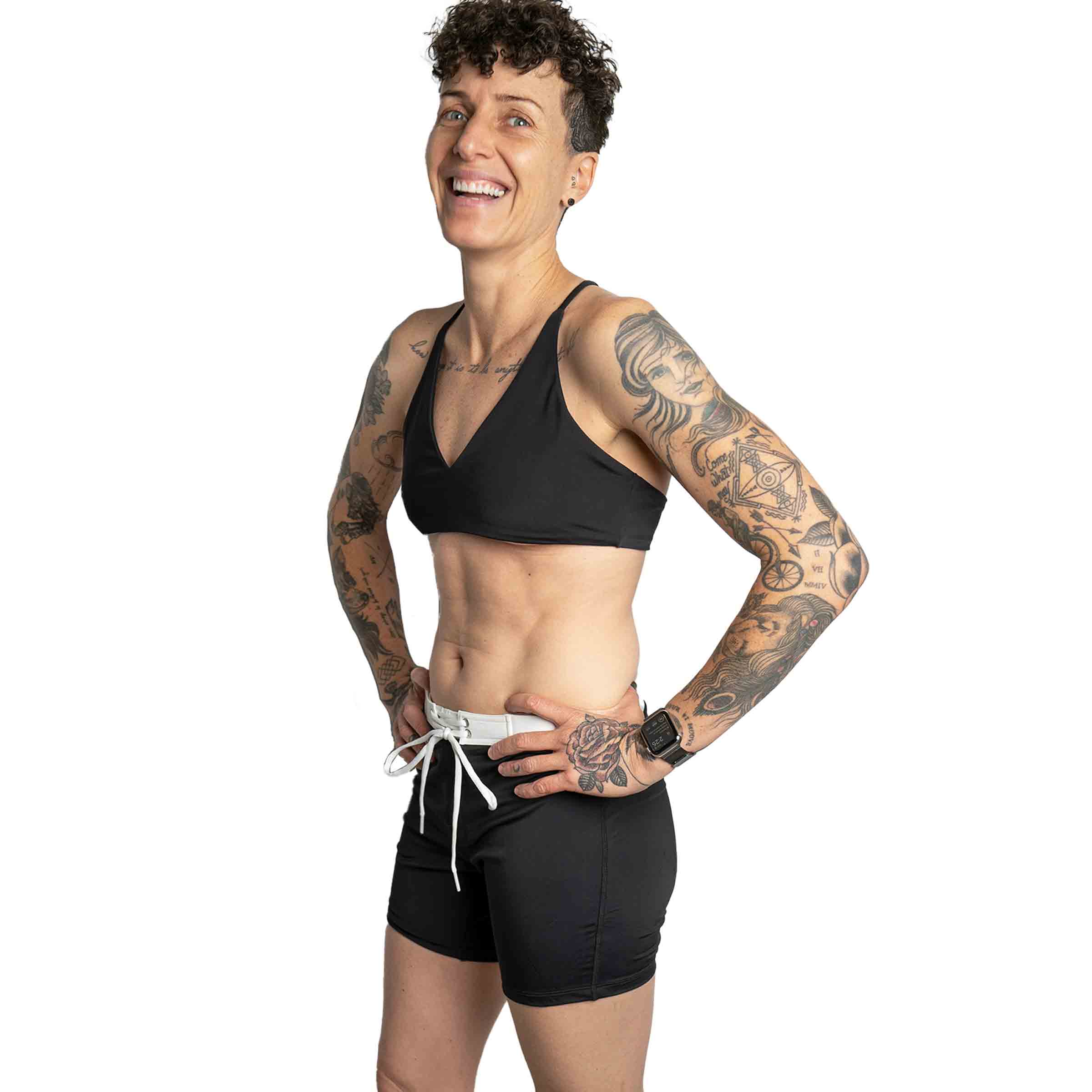 AF Black Swim Topper paired with Black Swim Trunks — gender neutral queer swimwear mix and match