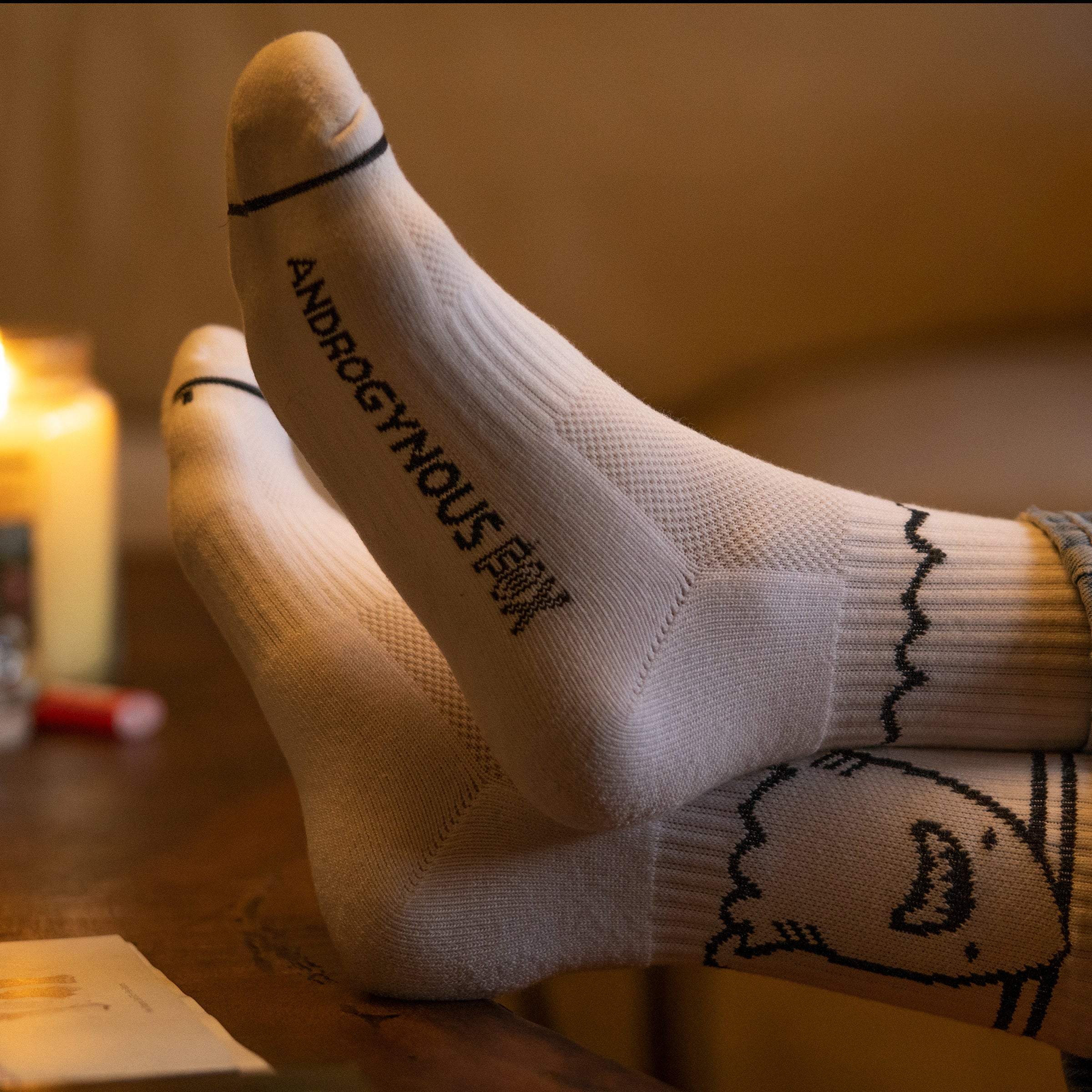Androgynous Fox Ankle Biter socks in White on model — queer gender neutral accessory