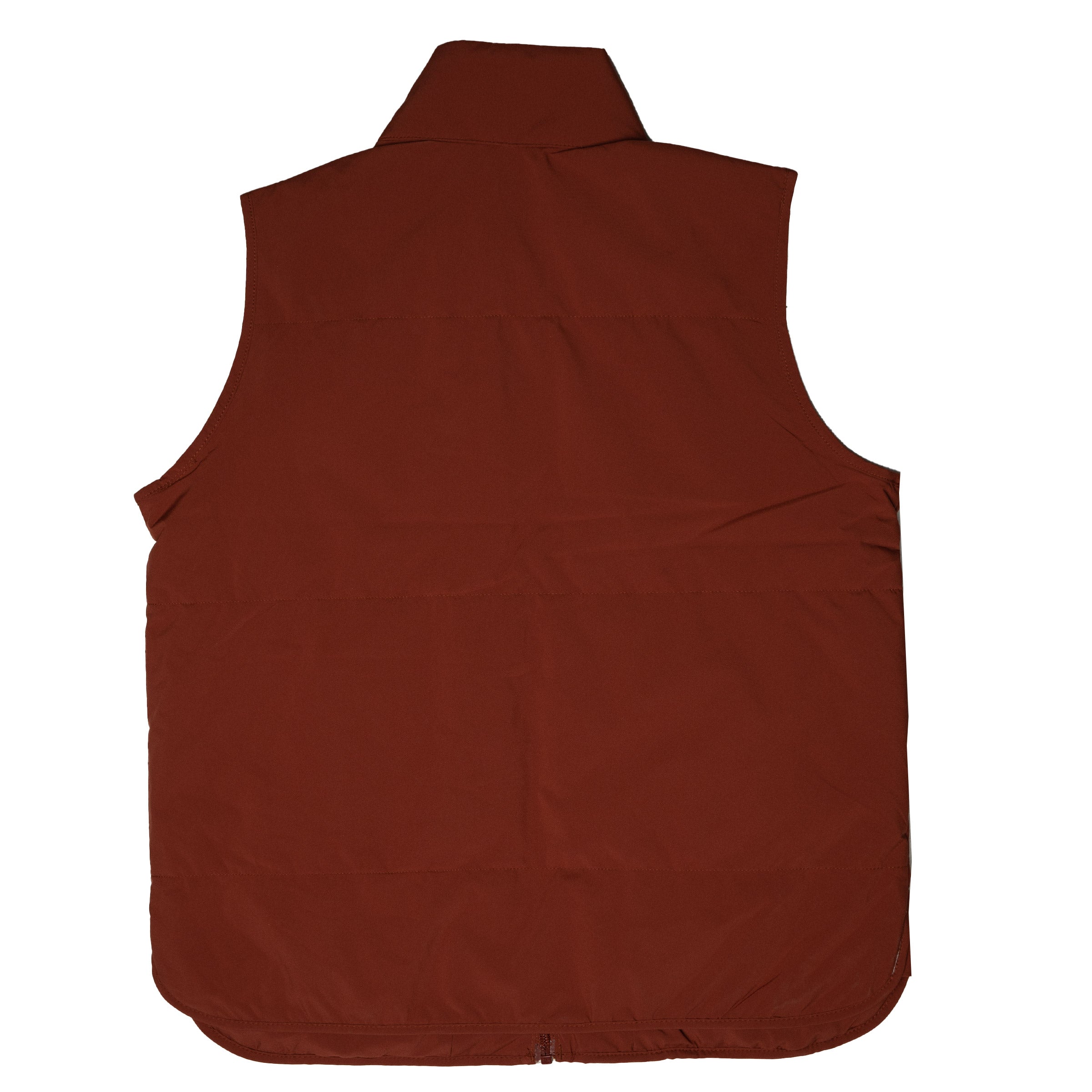 Back view of the Beaver Vest in Terracotta showing the curved hem and boxy gender neutral fit