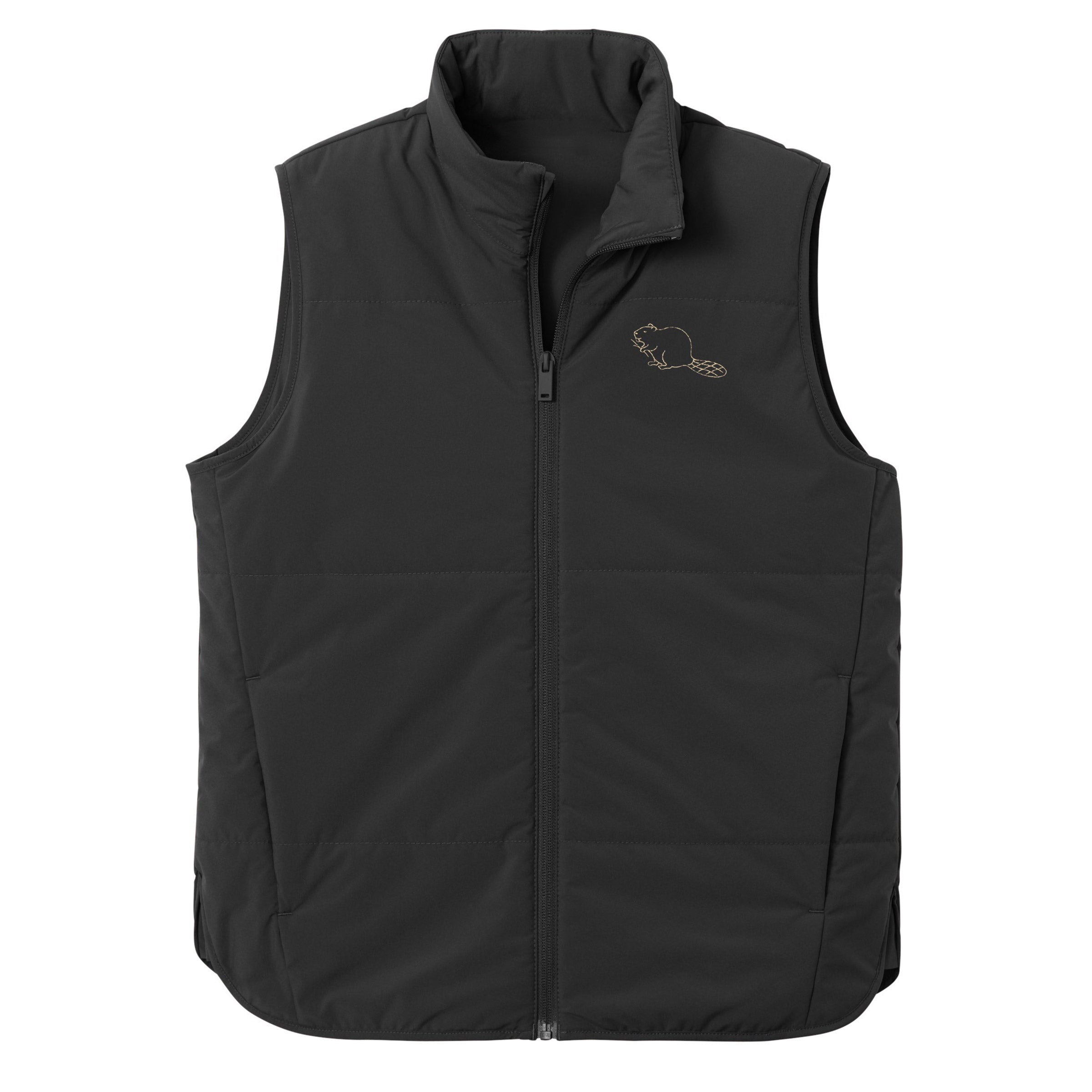 Beaver Vest in Black with cream embroidered beaver — androgynous zip up vest