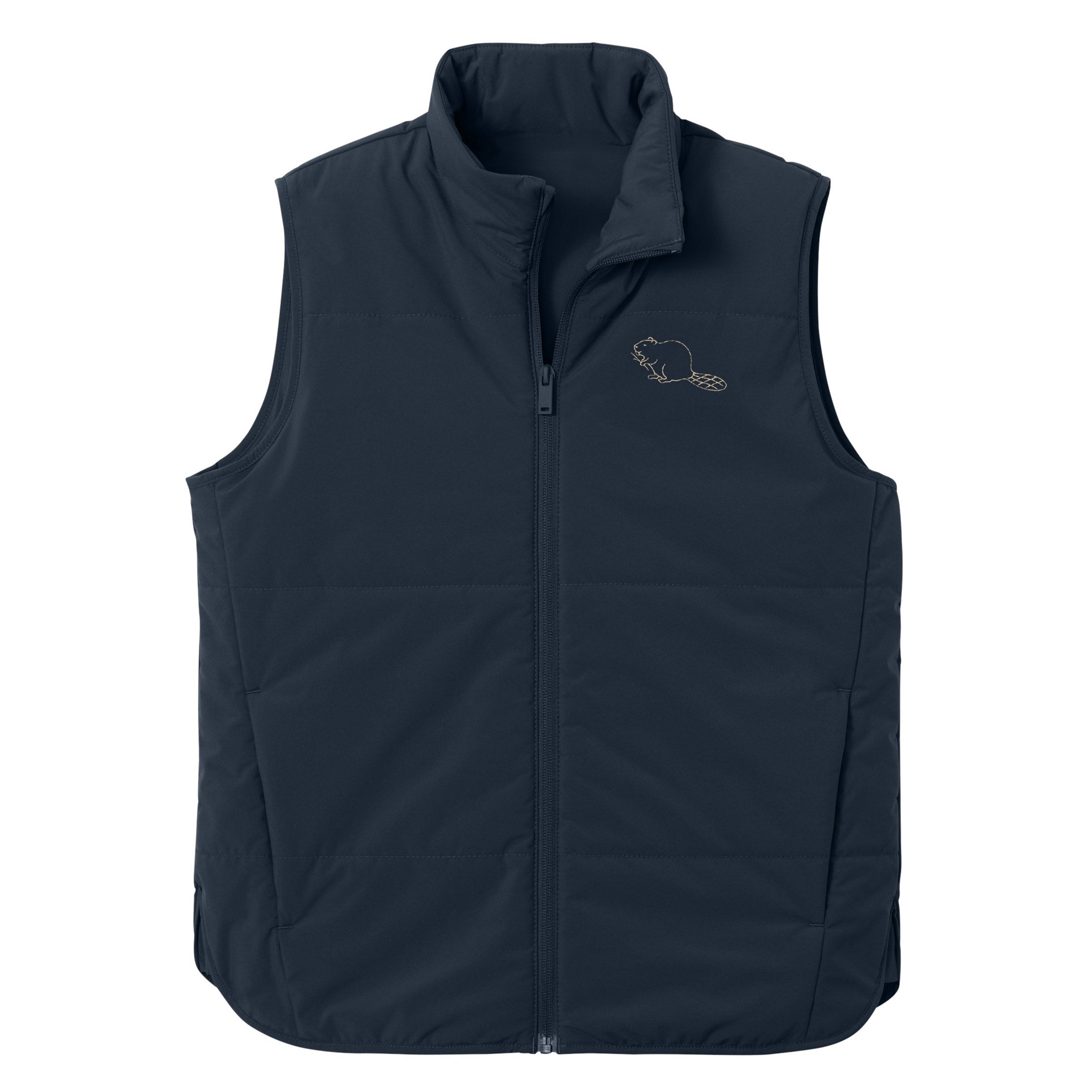Beaver Vest in Navy with cream embroidered beaver — unisex quilted outerwear
