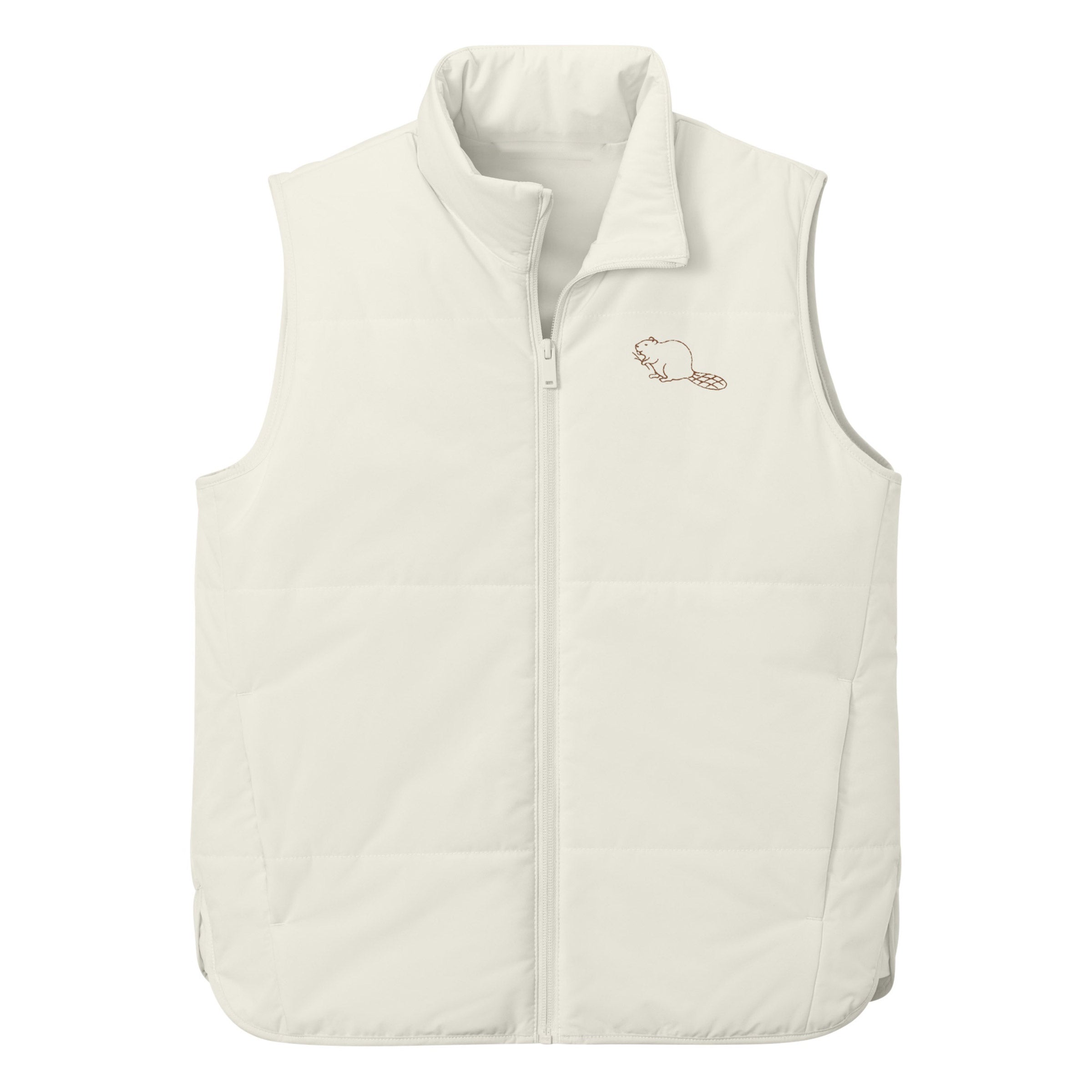 Beaver Vest in Pearl with brown embroidered beaver — queer owned gender neutral vest