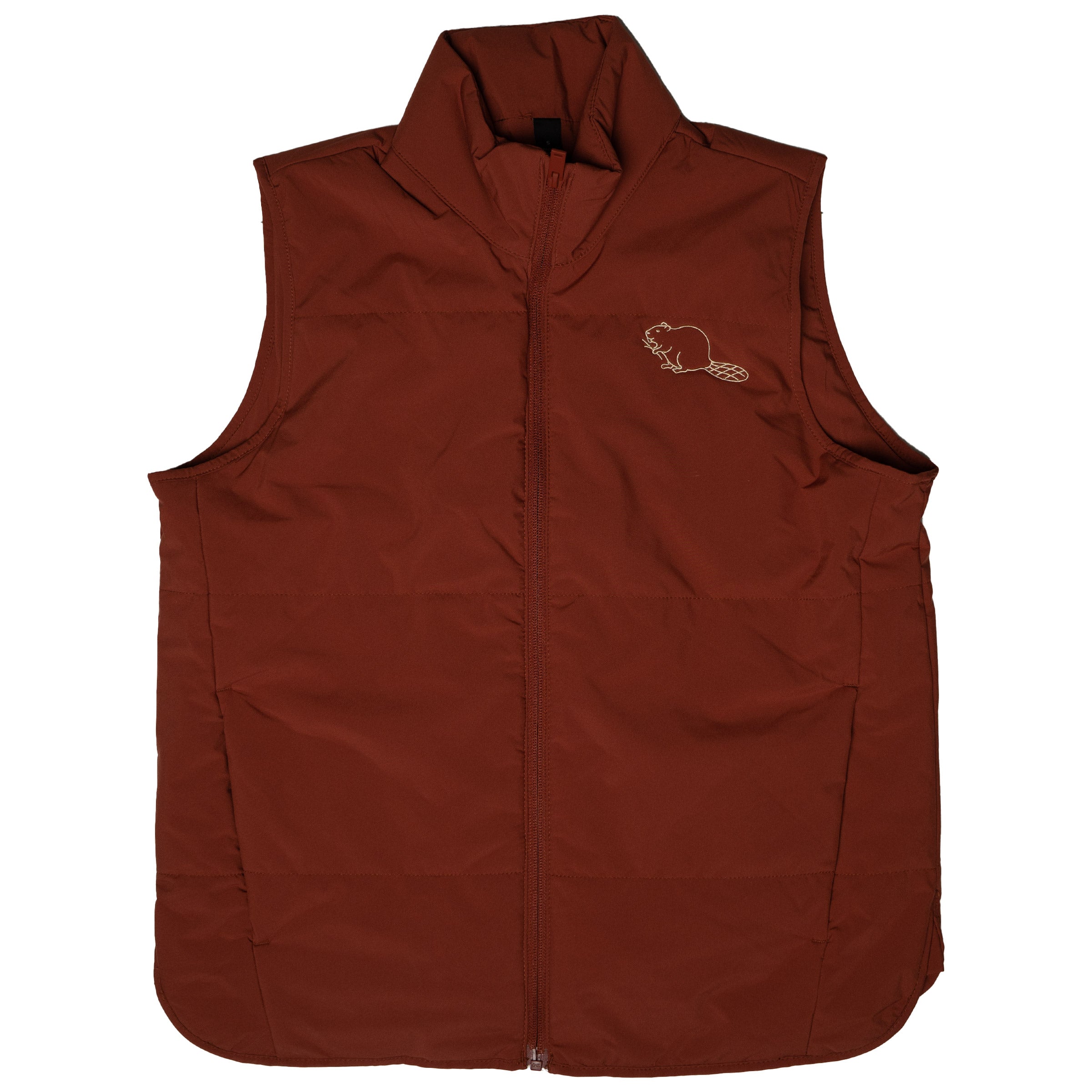 Beaver Vest in Terracotta with embroidered beaver on the chest — gender neutral quilted vest by Androgynous Fox