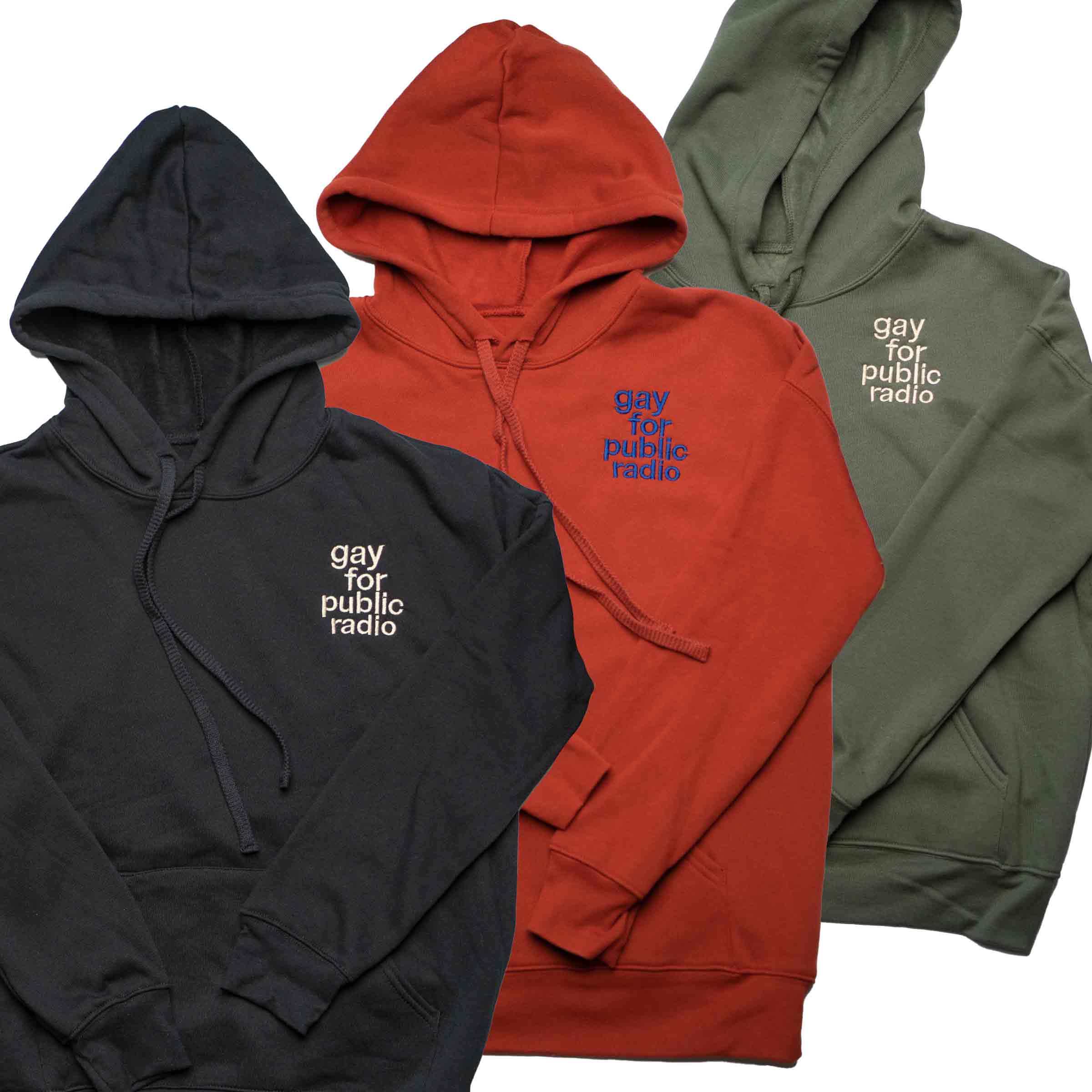 Gay For Public Radio pullover hoodie all colorways — LGBTQ+ queer clothing supporting public radio