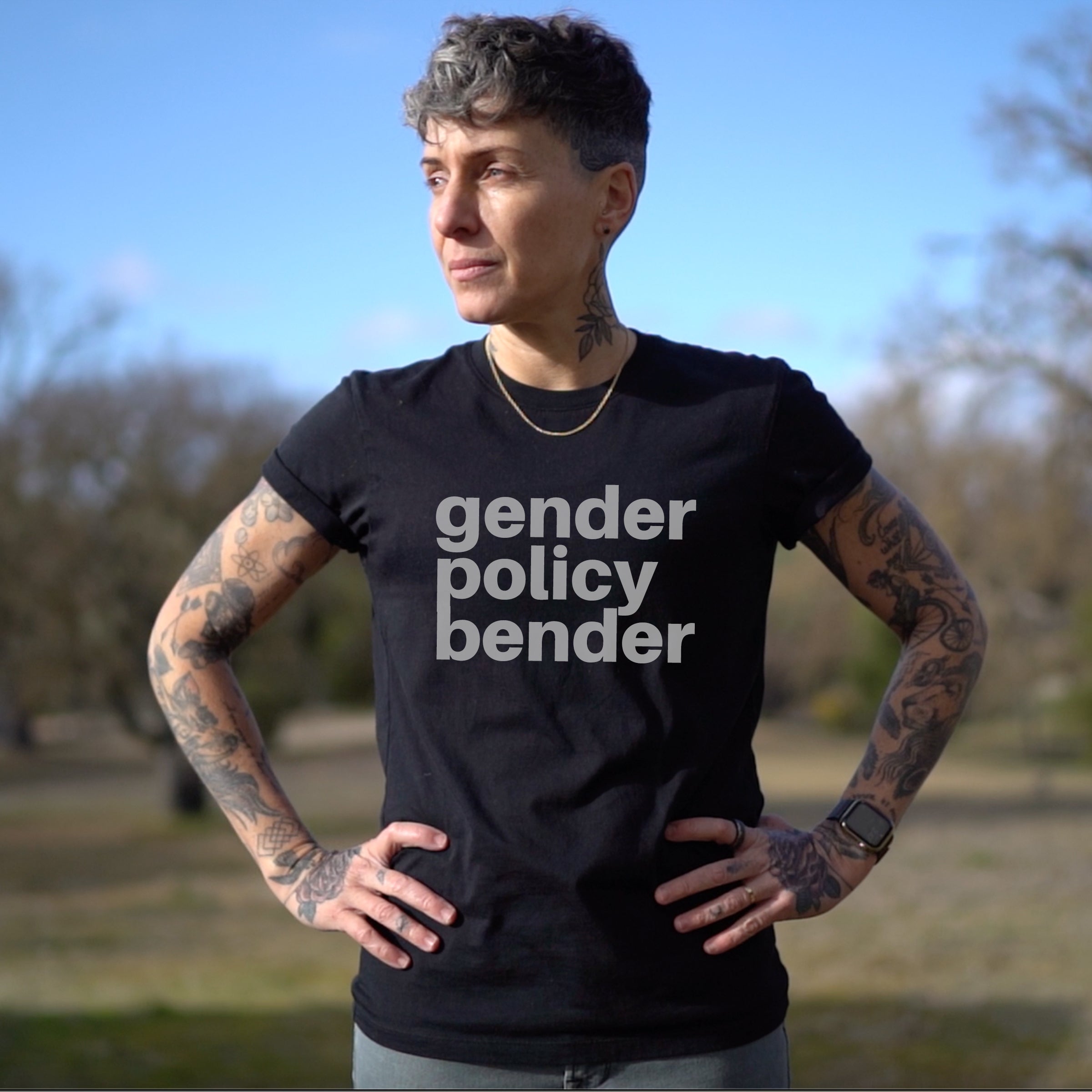 Gender Policy Bender Crew Neck on model — Androgynous Fox gender neutral clothing