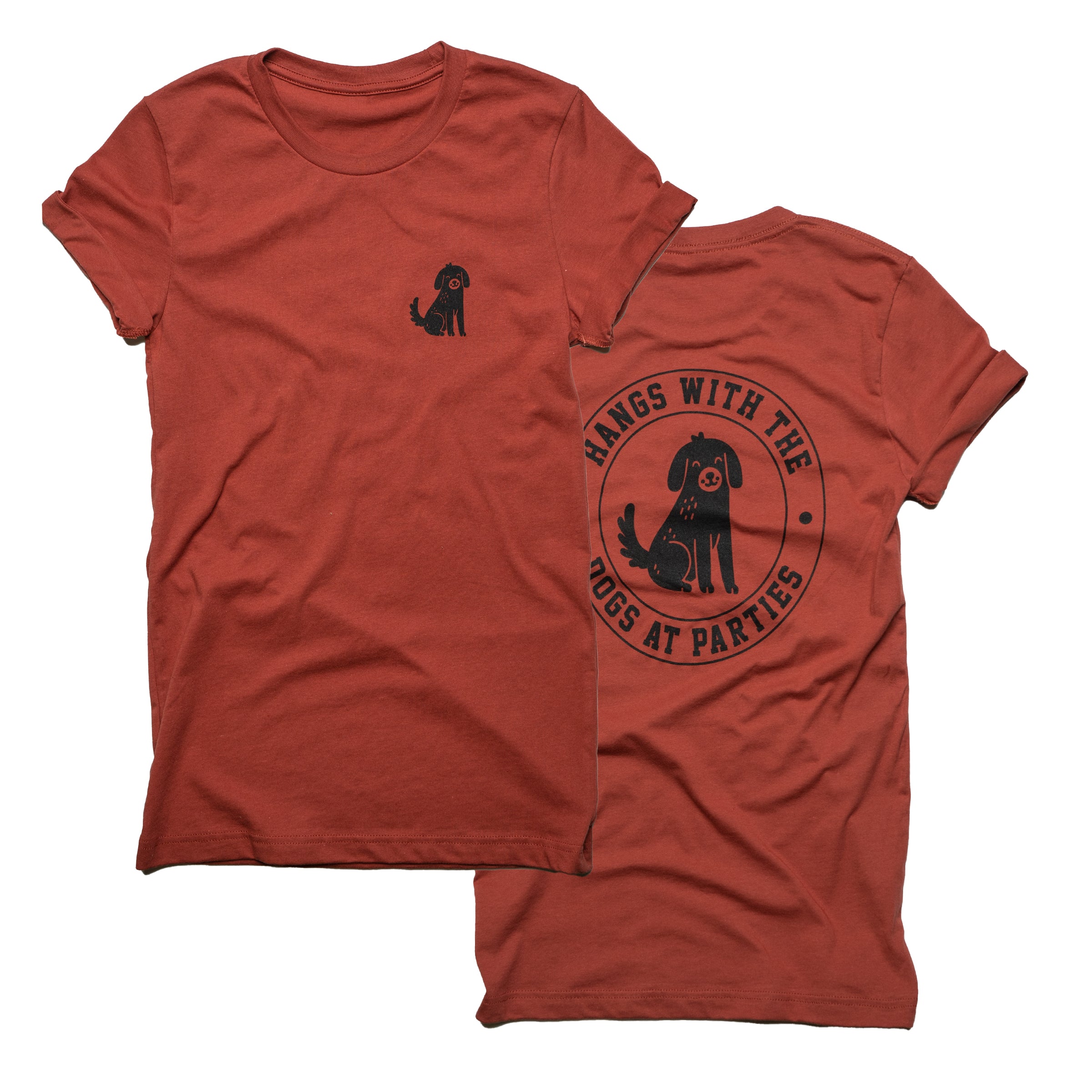 Hangs With The Dogs At Parties crew neck in Rust front and back — gender neutral queer clothing