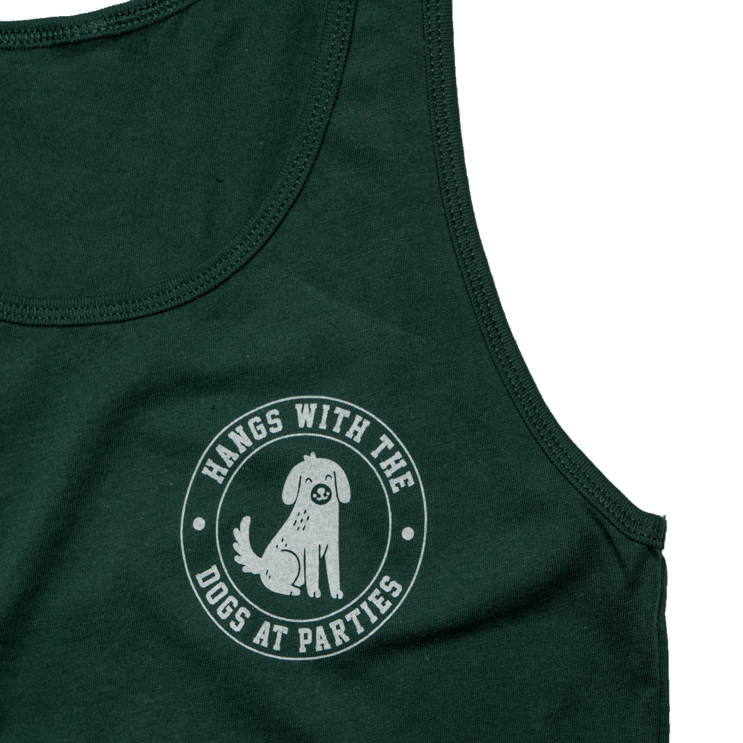 Hangs With The Dogs At Parties tank top in Forest Green styled — non-binary queer graphic tank