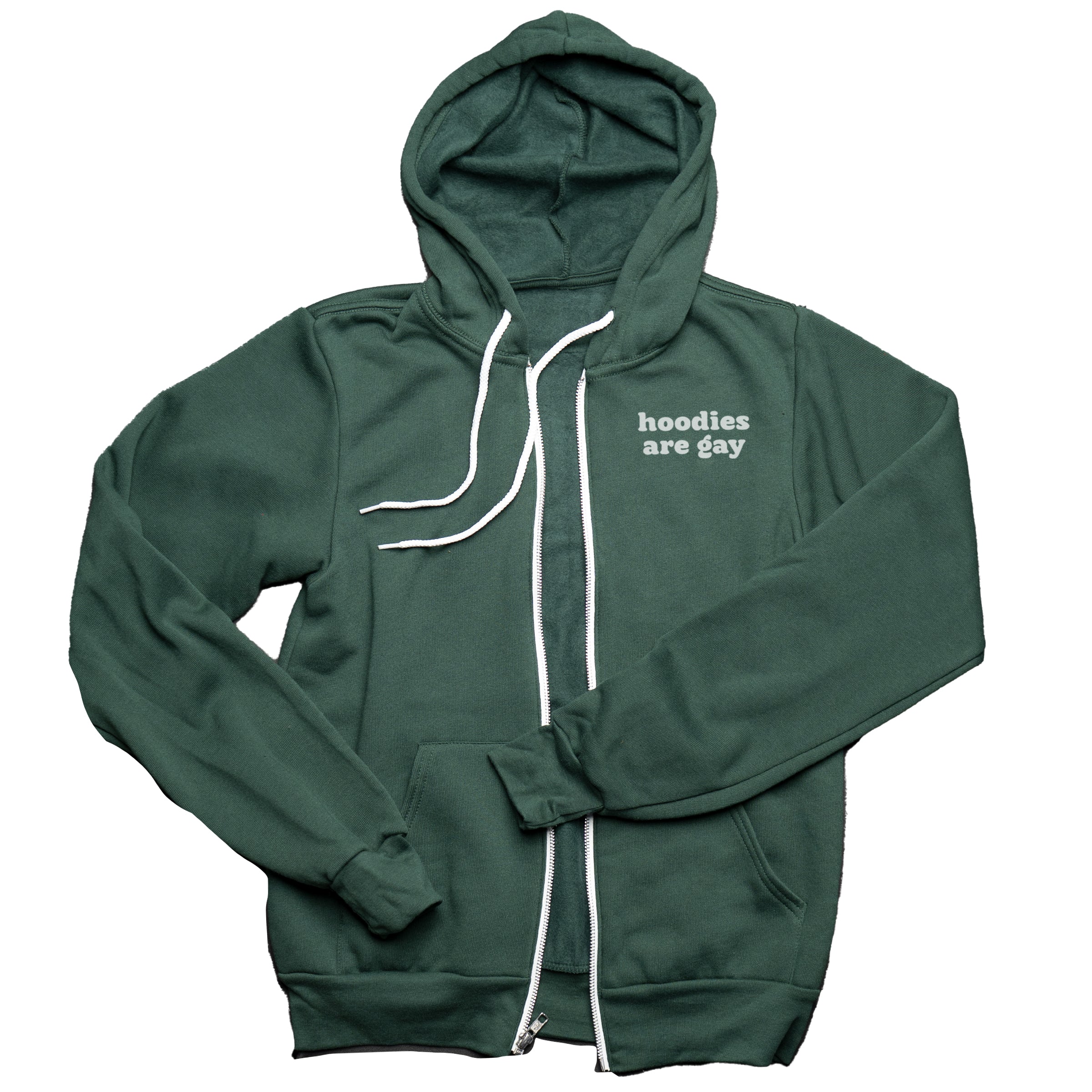 Hoodies Are Gay zip-up hoodie in Forest Green — gender neutral queer fleece hoodie