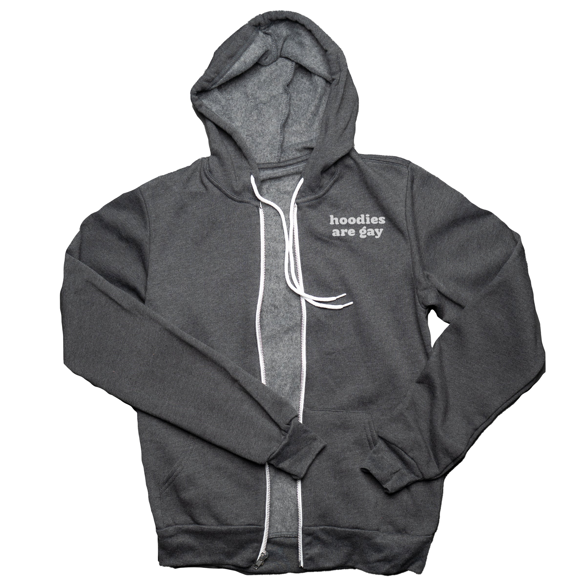 Hoodies Are Gay zip-up hoodie in Charcoal Heather — non-binary androgynous queer clothing