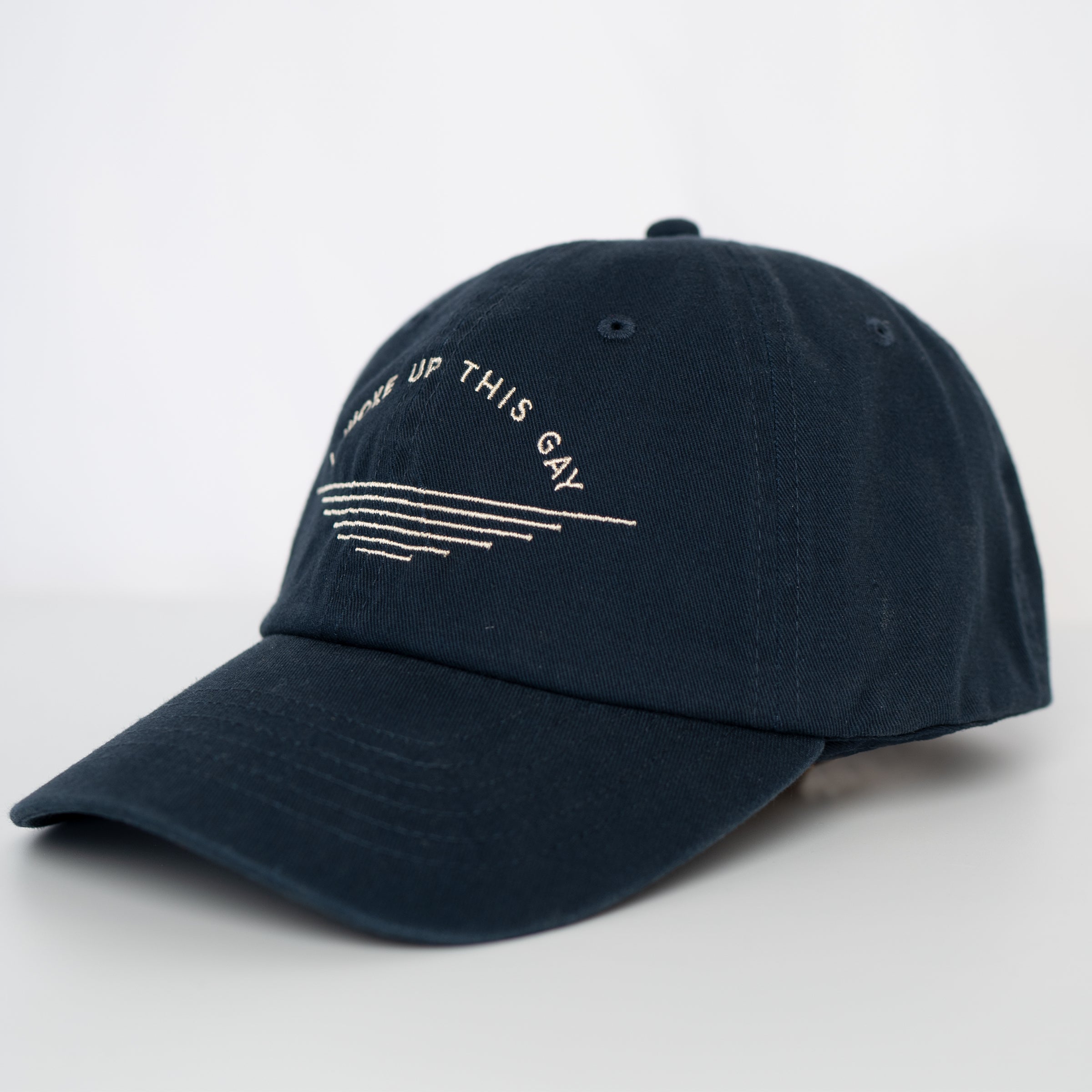 I Woke Up This Gay Maddy Hat in Navy with yellow embroidery — gender neutral queer hat