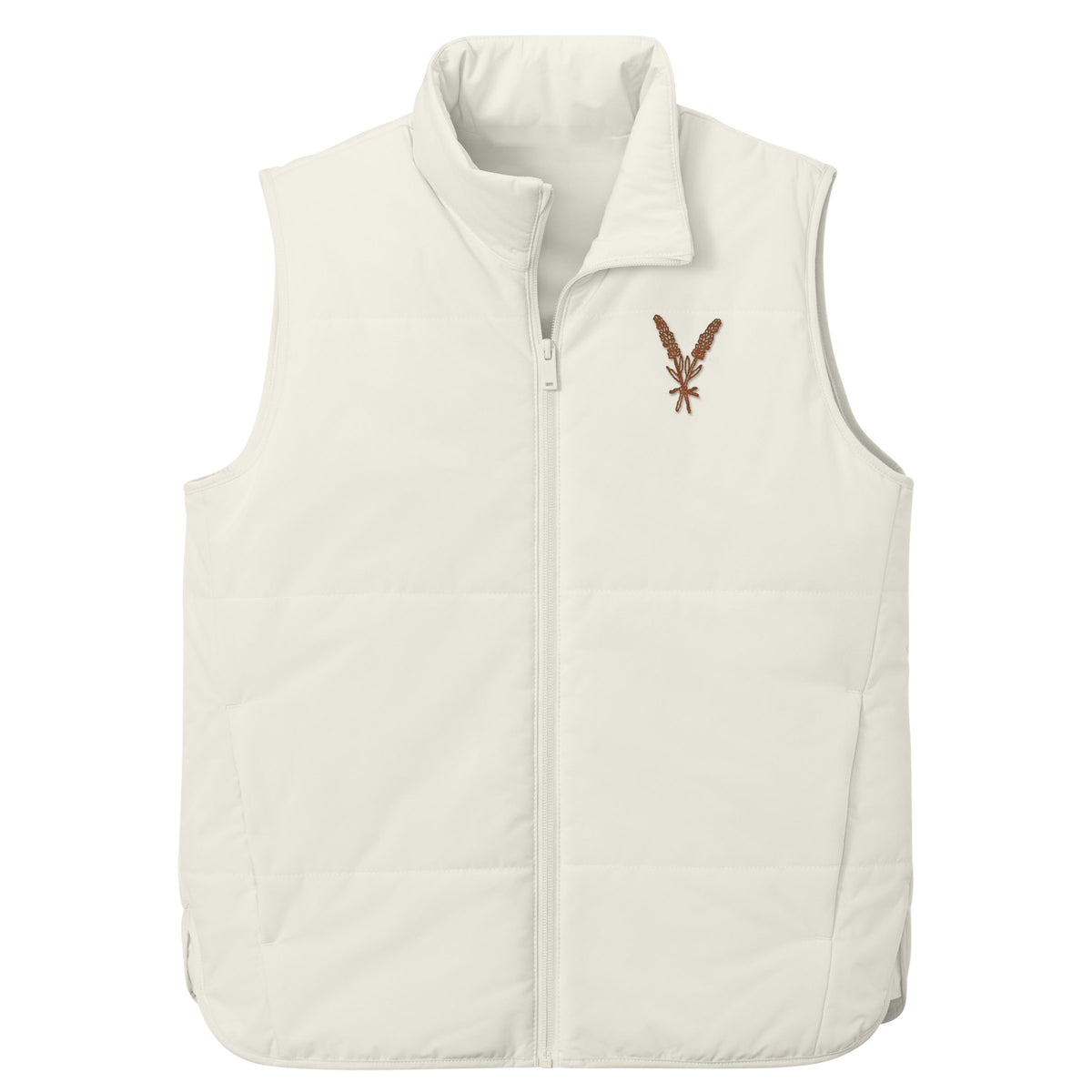IYKYK Vest in Pearl with a brown embroidered lavender sprig, queer owned gender neutral vest