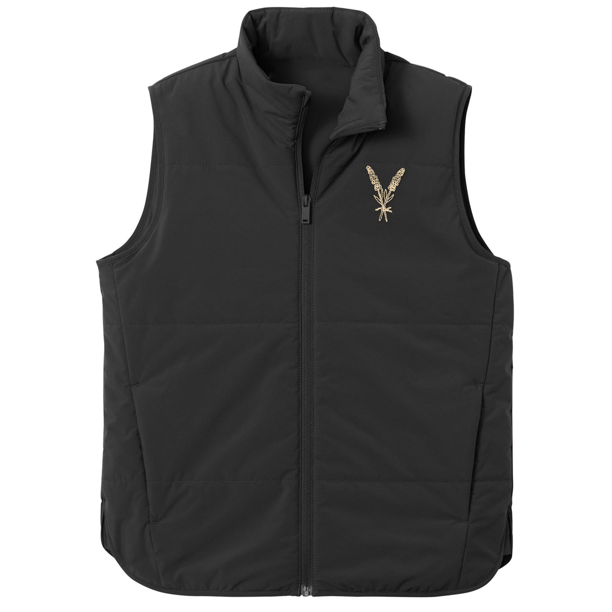 IYKYK Vest in Black with a cream embroidered lavender sprig, gender neutral quilted vest by Androgynous Fox