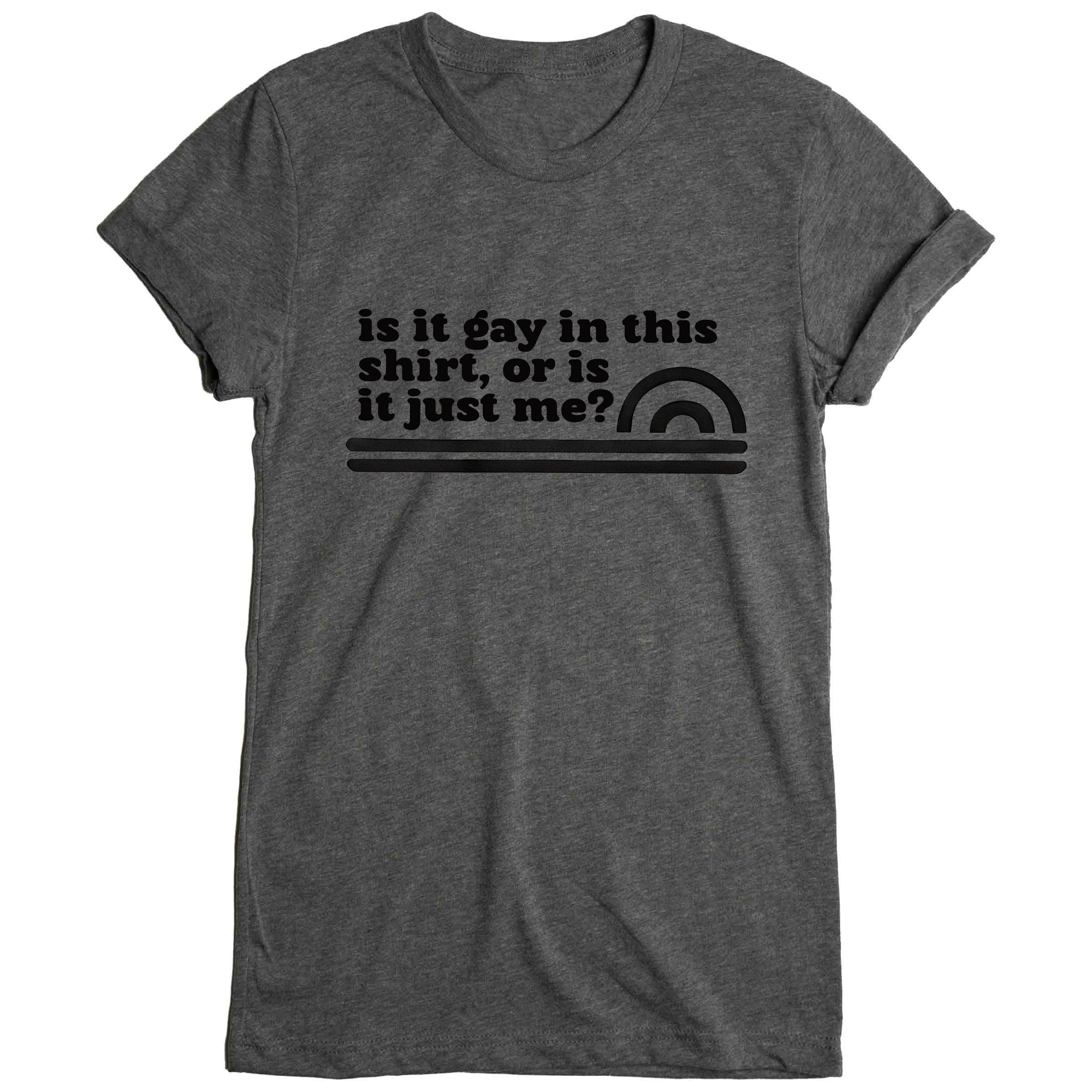 Is It Gay In This Shirt crew neck tee in Grey — non-binary queer graphic tee