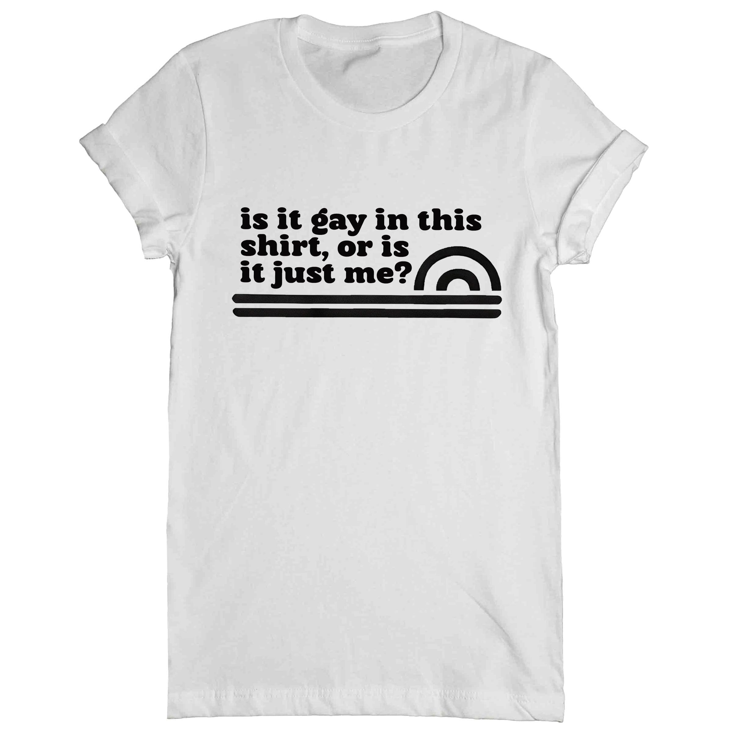 Is It Gay In This Shirt crew neck tee in White — LGBTQ+ Pride graphic tee for queer style