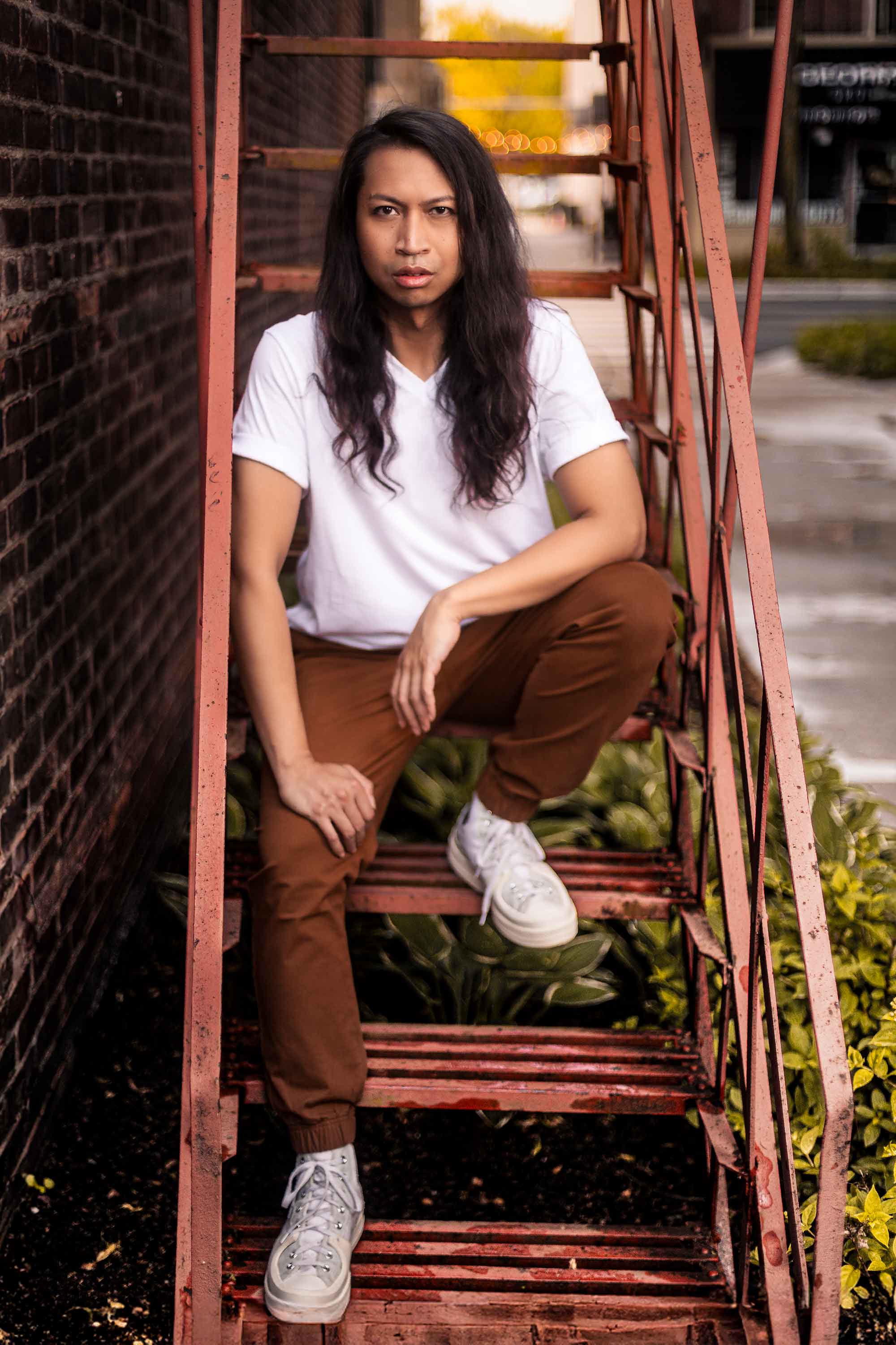 Cognac joggers on model — androgynous gender neutral pants for queer fashion