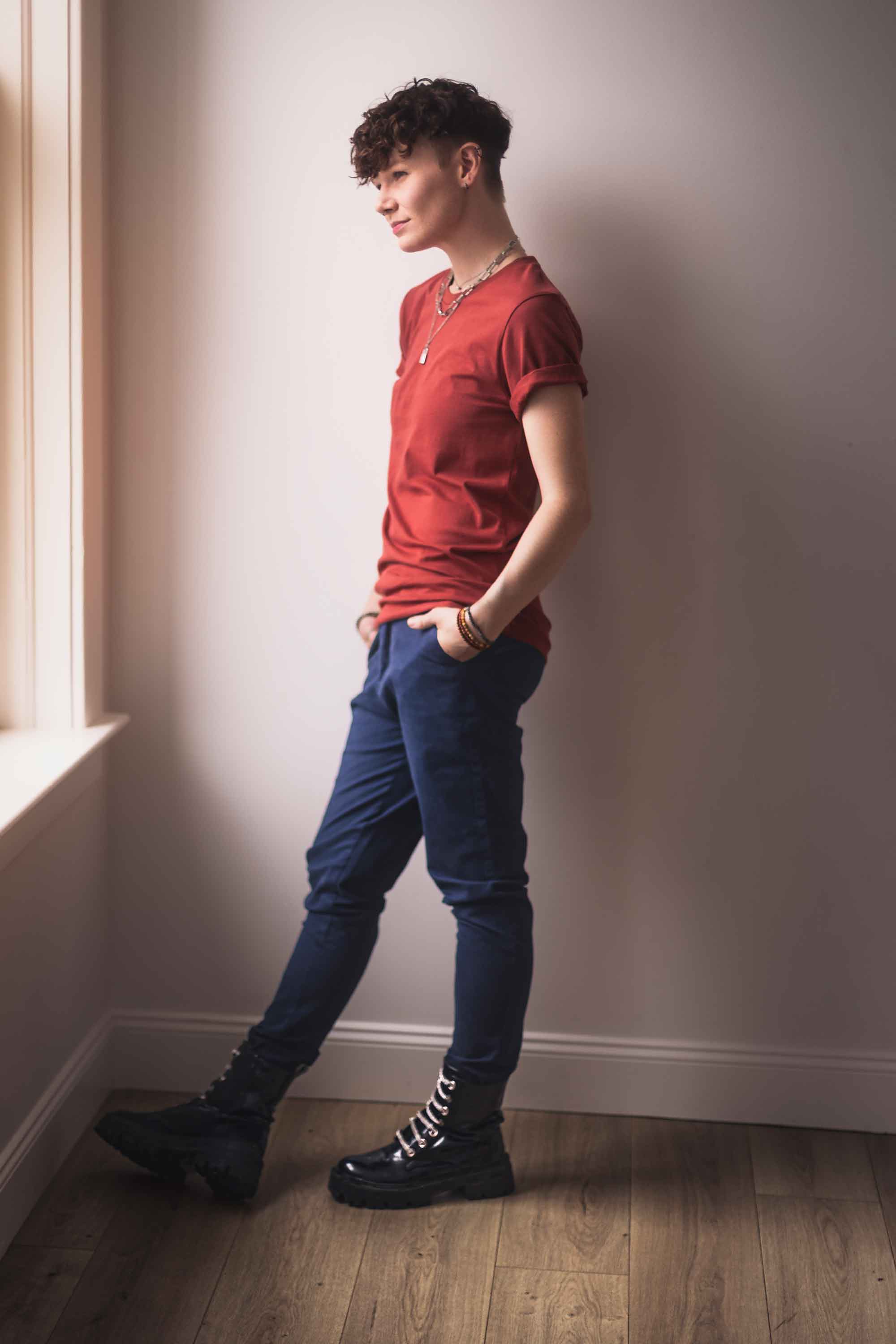 Gender neutral joggers in Navy styled with a basic tee — androgynous clothing for queer style