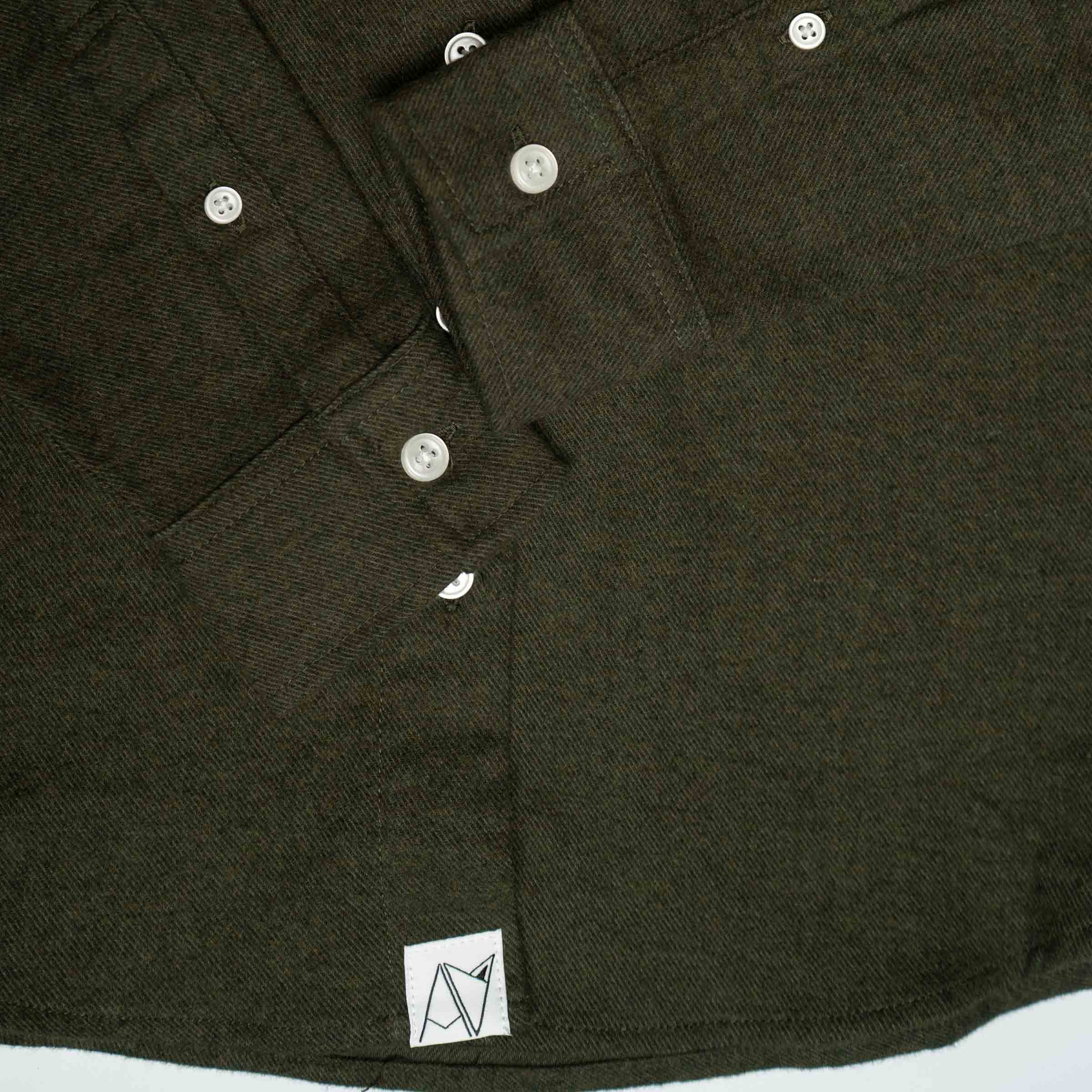 Field Day Flannel in Forest button placket detail — Androgynous Fox gender neutral flannel